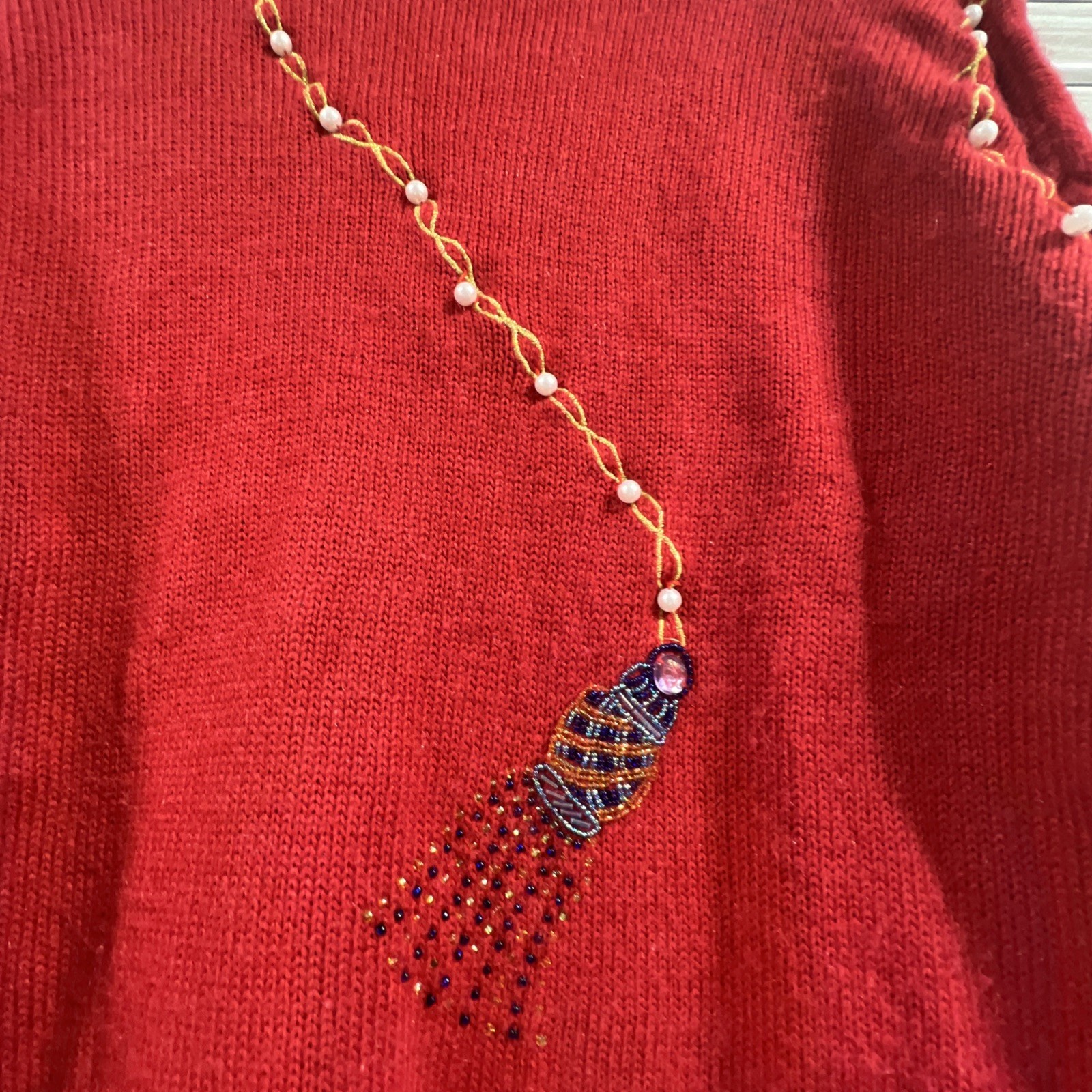 VTG Western Connection womens S tunic Sweater Red pearls beaded v neck 80s Retro