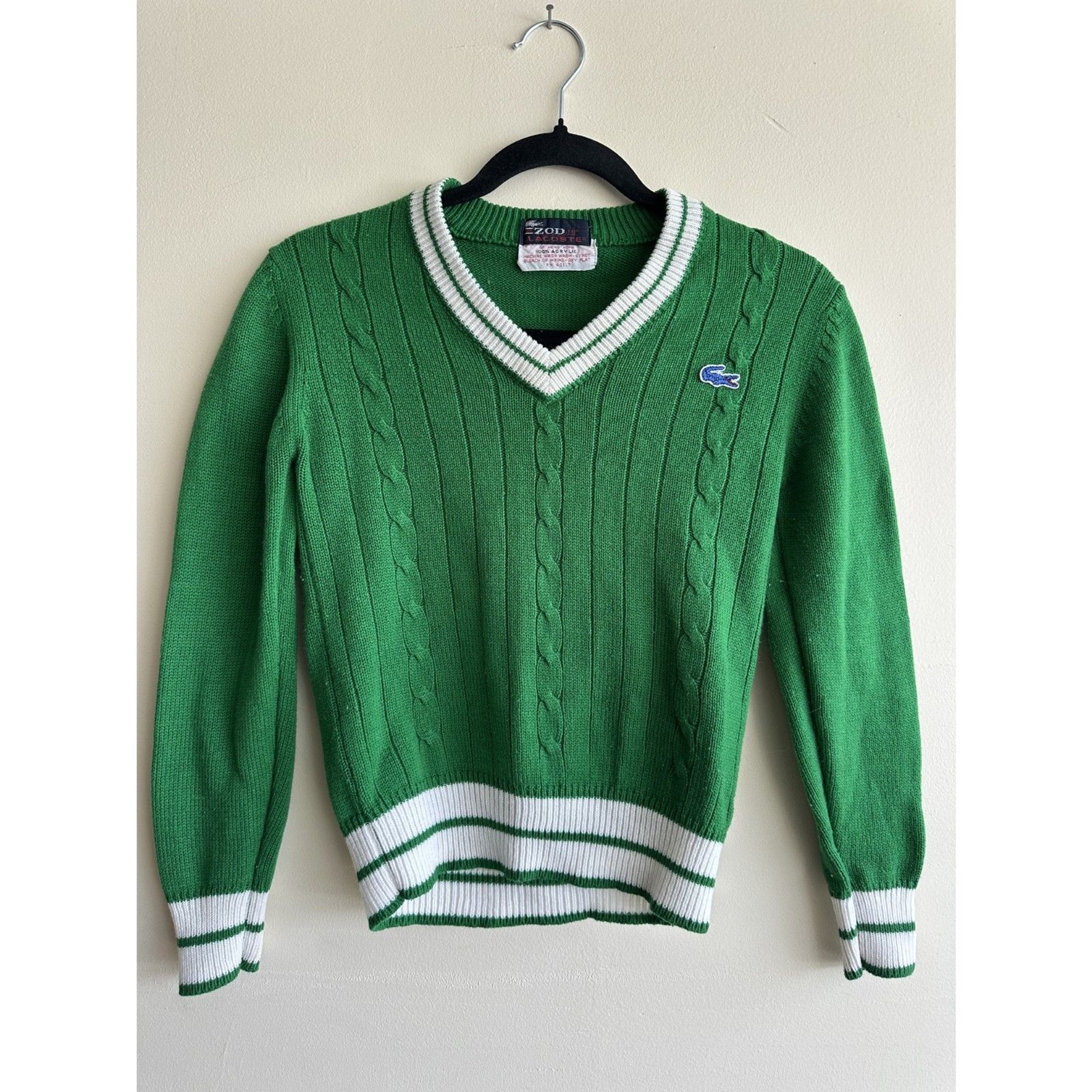 Vintage 80’s Izod Lacoste Sweater Small Fitted Green Cable Knit Preppy V Neck