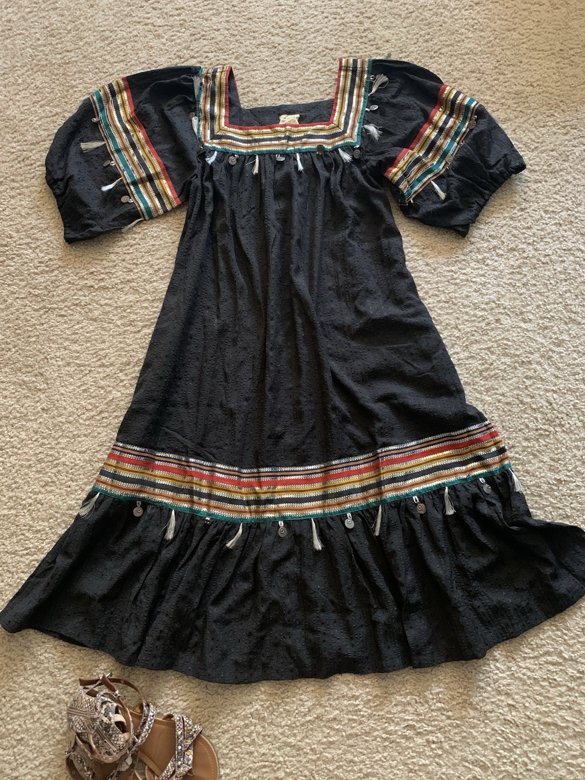 VTG 1970s Ramona Rull Black Cotton Boho Dress NWT Deadstock NOS Coins Tassels AV