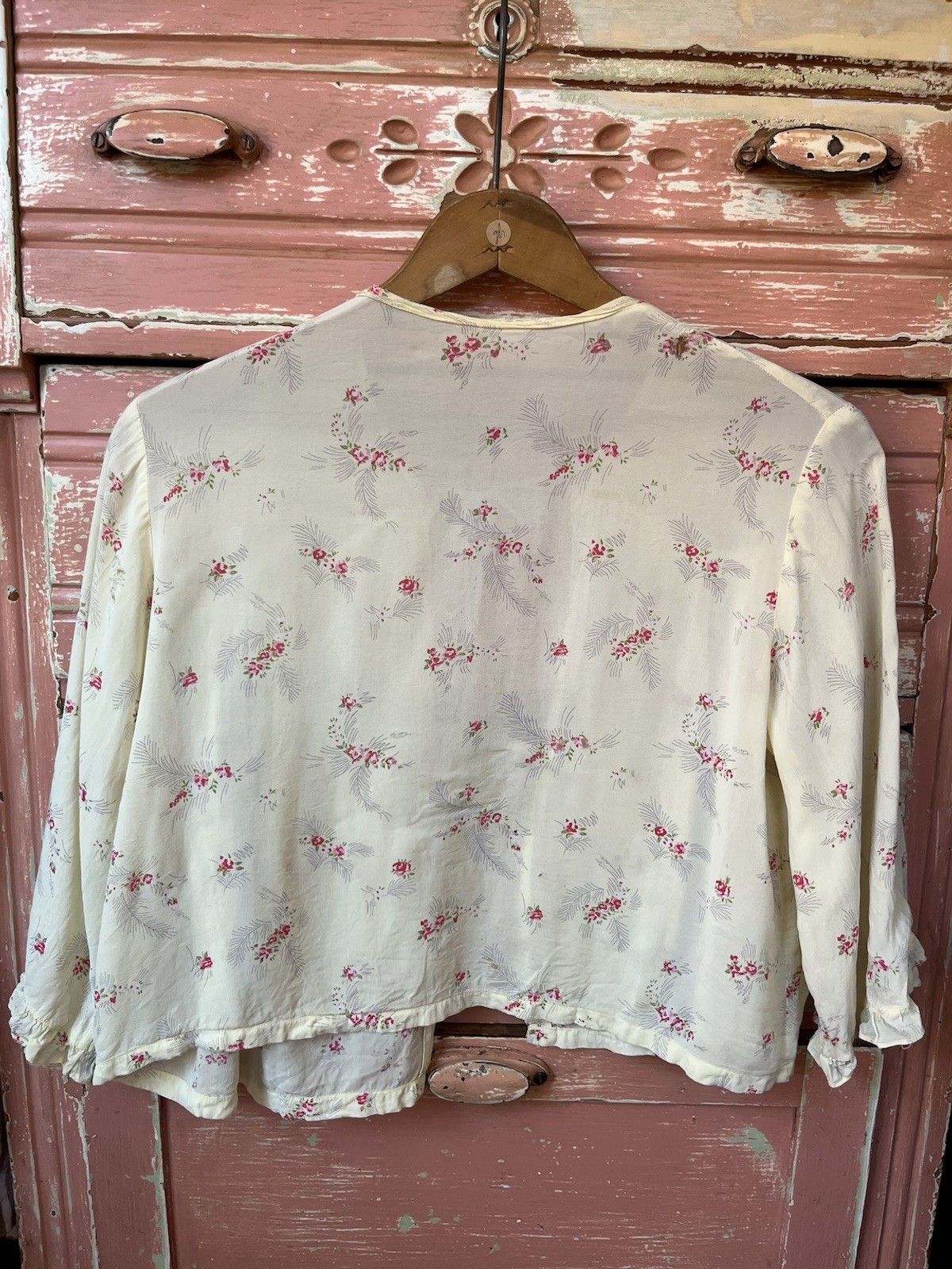 40s 50s Antique Vintage Rayon Floral Cottagecore House Jacket Ruffle Blouse S/M