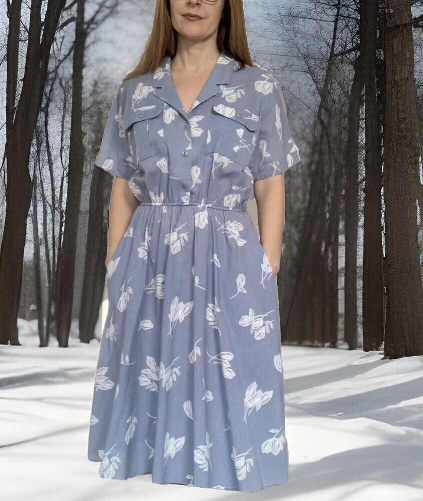 Vintage 80s Blue Shirt Dress S M Petite Stuart Alan