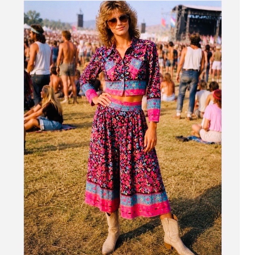 Vtg 80’s Faith 2 Piece Small Floral Sequin Crop Jacket Wide Leg Pants new wave