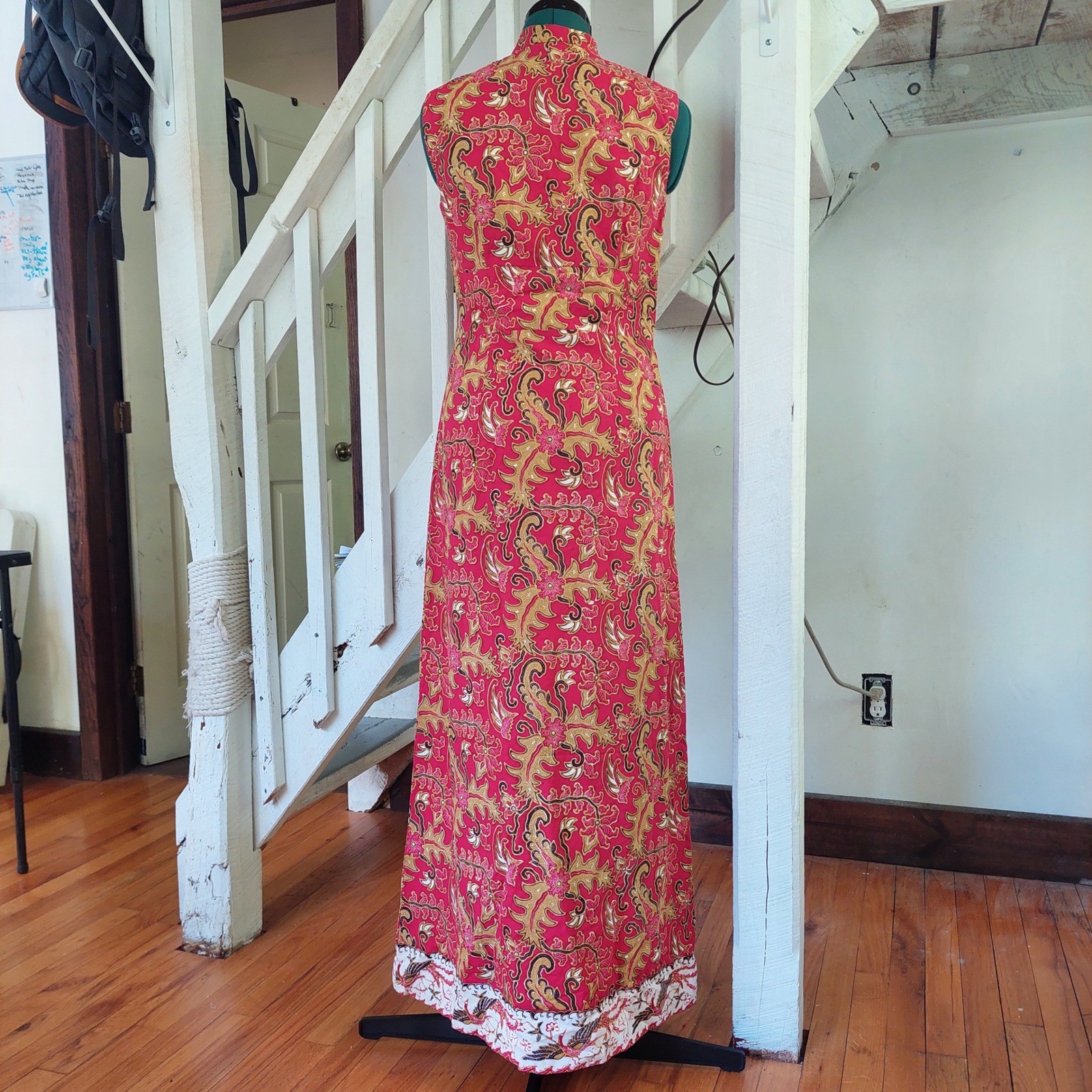 Vintage Red Patterned Maxi Dress Sleeveless Fabric Buttons All The Way Down