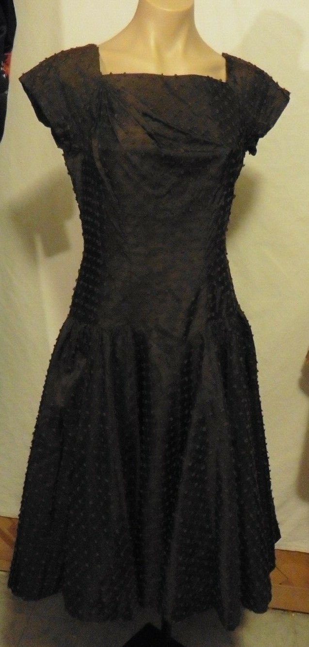 40s Dark Chocolate Brown Drop Waist Tufted Nubby Taffeta Party Dress sz S