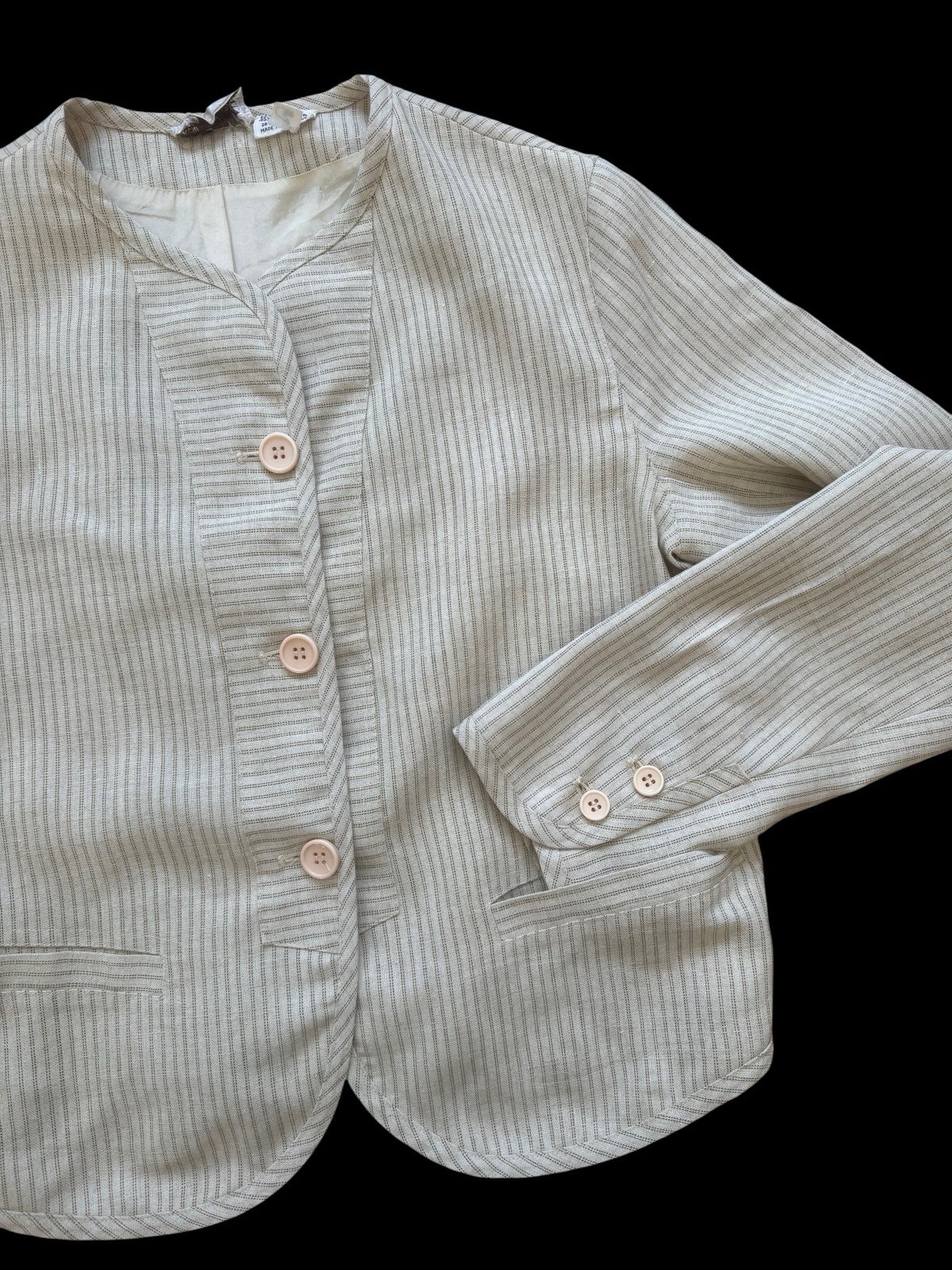 Vintage 1980s Bern Conrad Blazer Tan Striped Linen Blend Top Designer Jacket