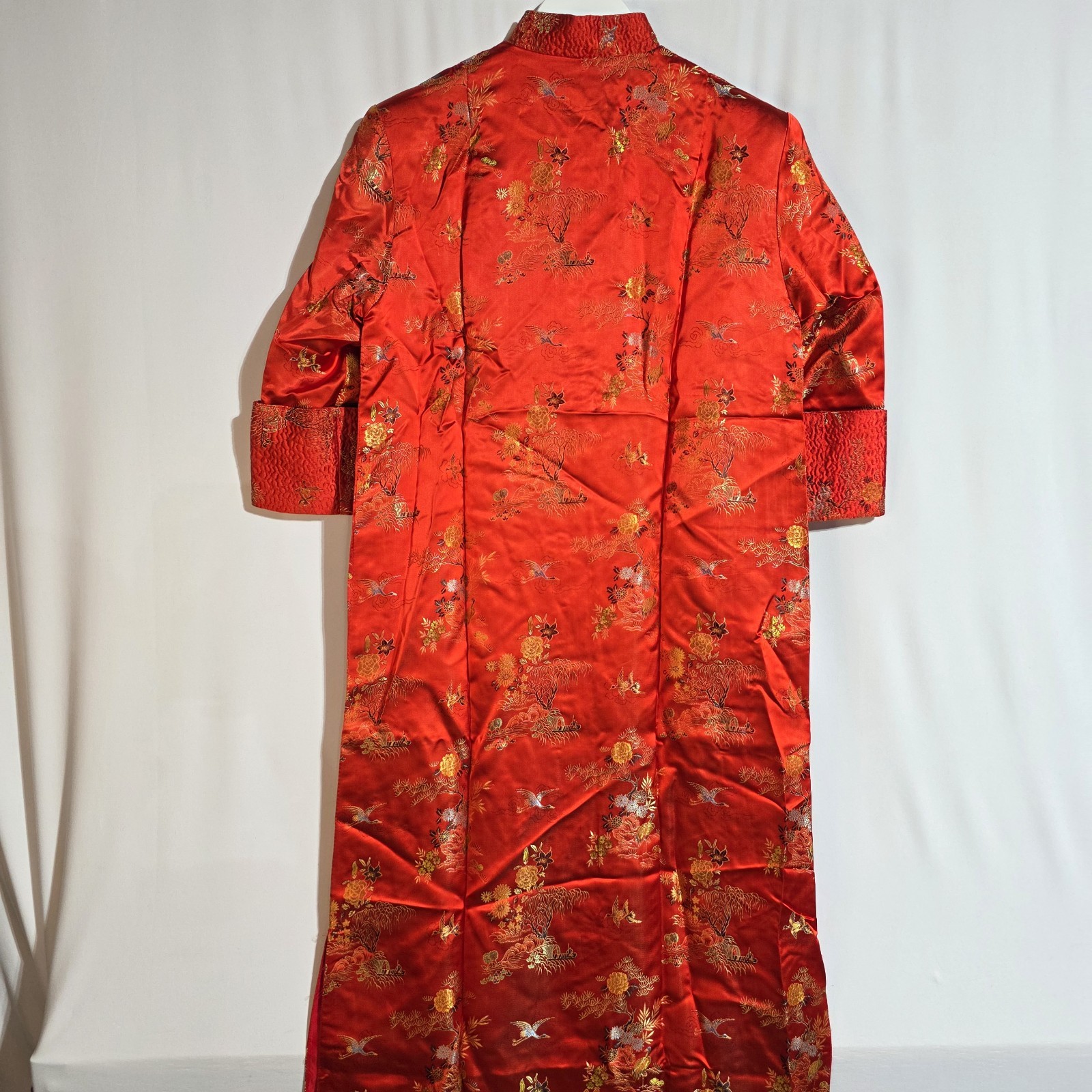 Vintage Red Chinese Embroidered Long Dress Coat Women’s Small Brocade Satin