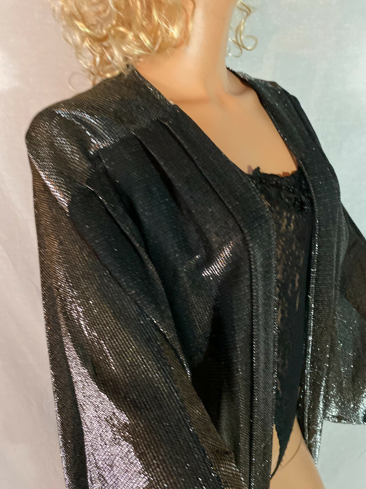 VTG 80s SOHO Black Silver Metallic Cardigan Draped Jacket Batwing Cocoon 1 Sz R