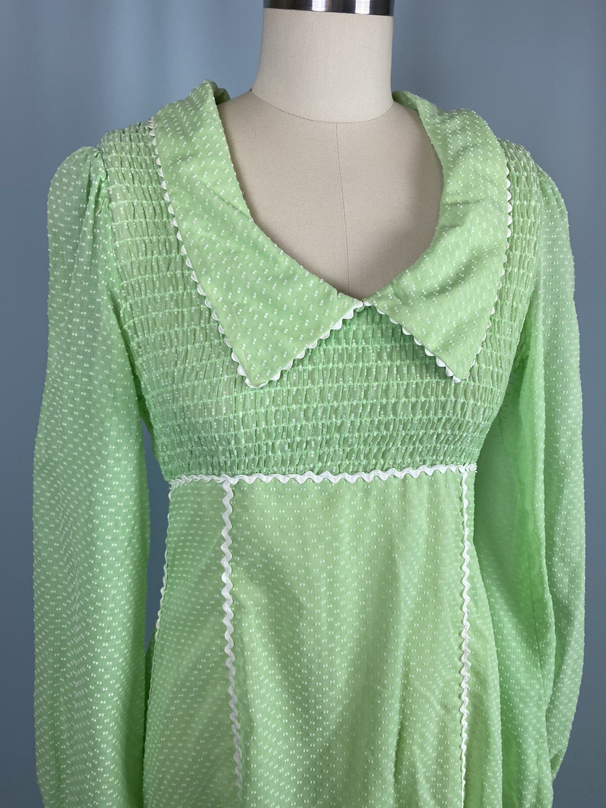 Vintage Dress CANDI JONES Size 7 lime green boho prairie maxi 60s 70s Cottage