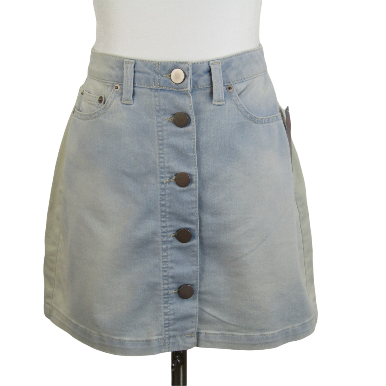 NOS Short Denim Skirt 11 Light Wash Distressed Pockets Button Down High Waist