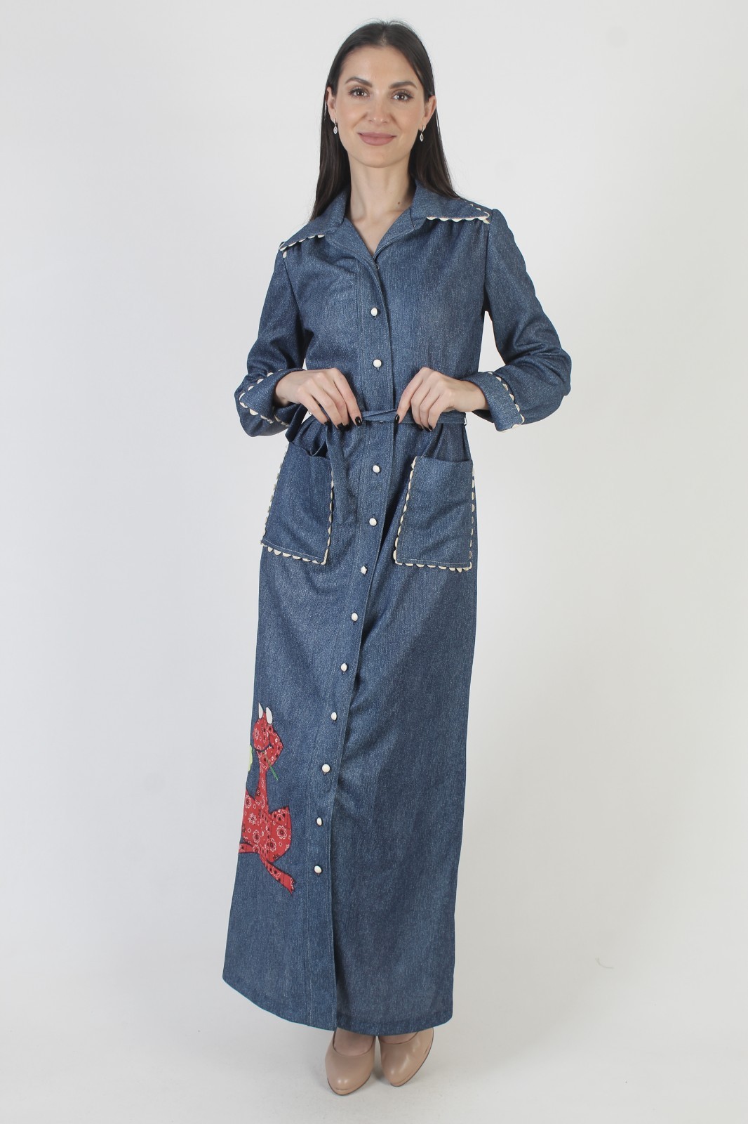 Vtg 70s Chambray Frog Prairie Dress Americana Bandana Belted Ric Rac Trim Maxi