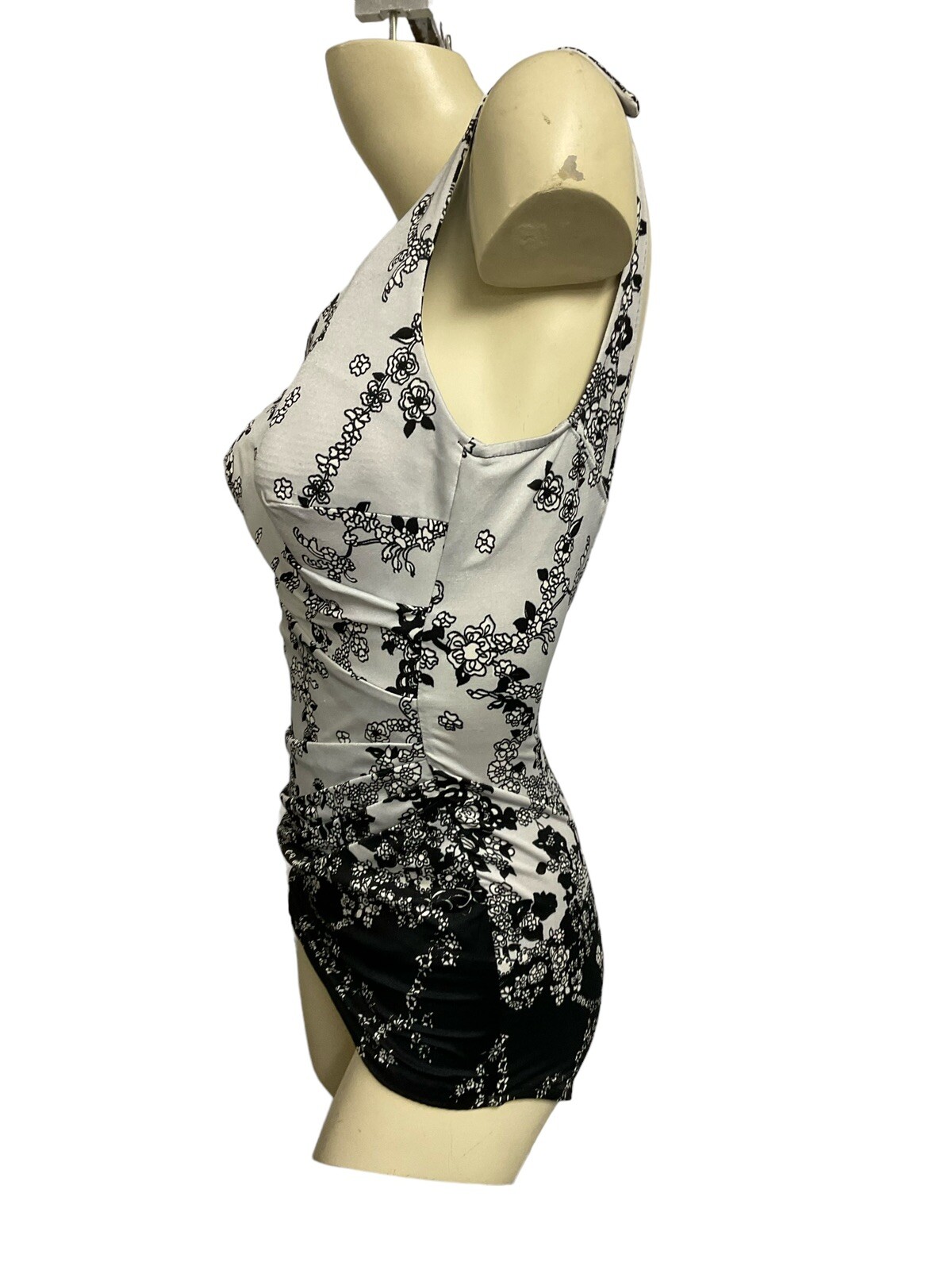 Vtg 70s Swimsuit M Pin Up Skirt Malliot Modest Roxanne Floral Gray Black White S