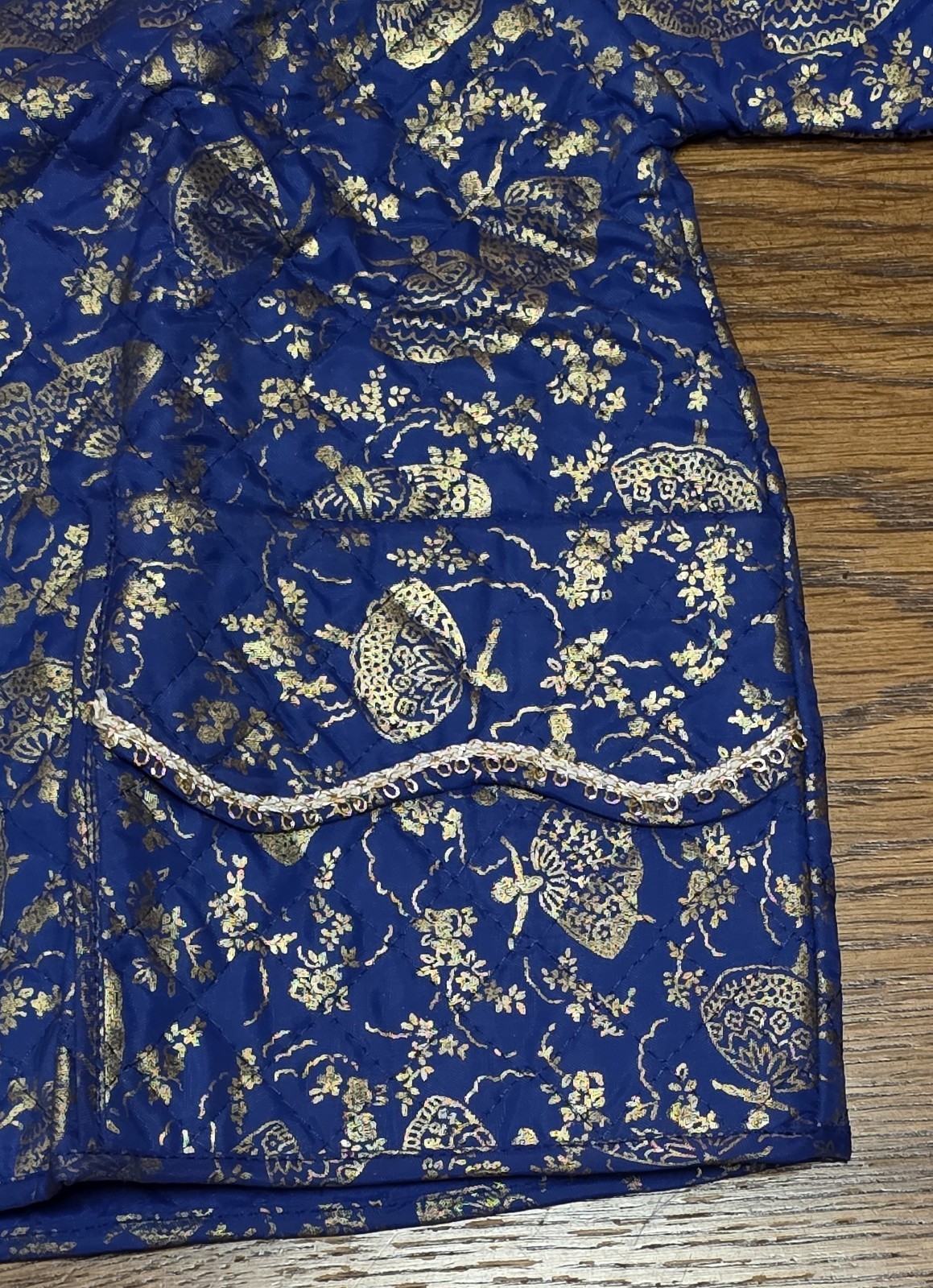 Vintage Blue Oriental-Style Button Front Jacket w/ Gold Lace Trim, Size 4
