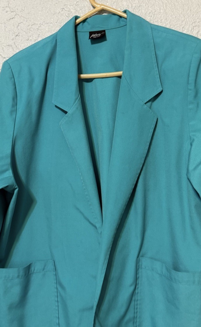 Vintage Koret Teal Blue Open Front Blazer Jacket 3/4 Cuffed Sleeves Measures XL