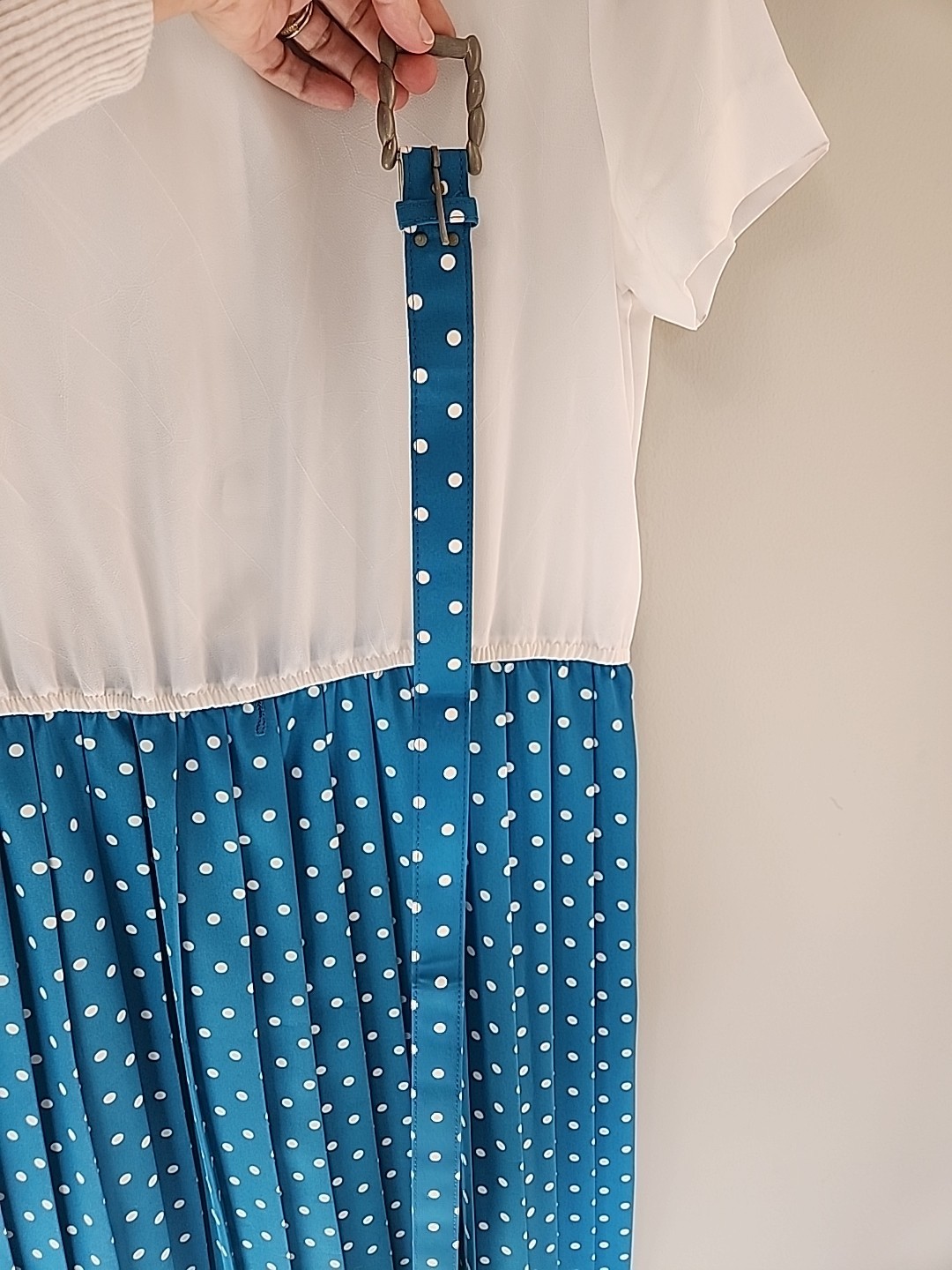 Vintage 80s Leslie Fay Petite Women’s Secretary Pleated Midi Dress Polka Dot 10