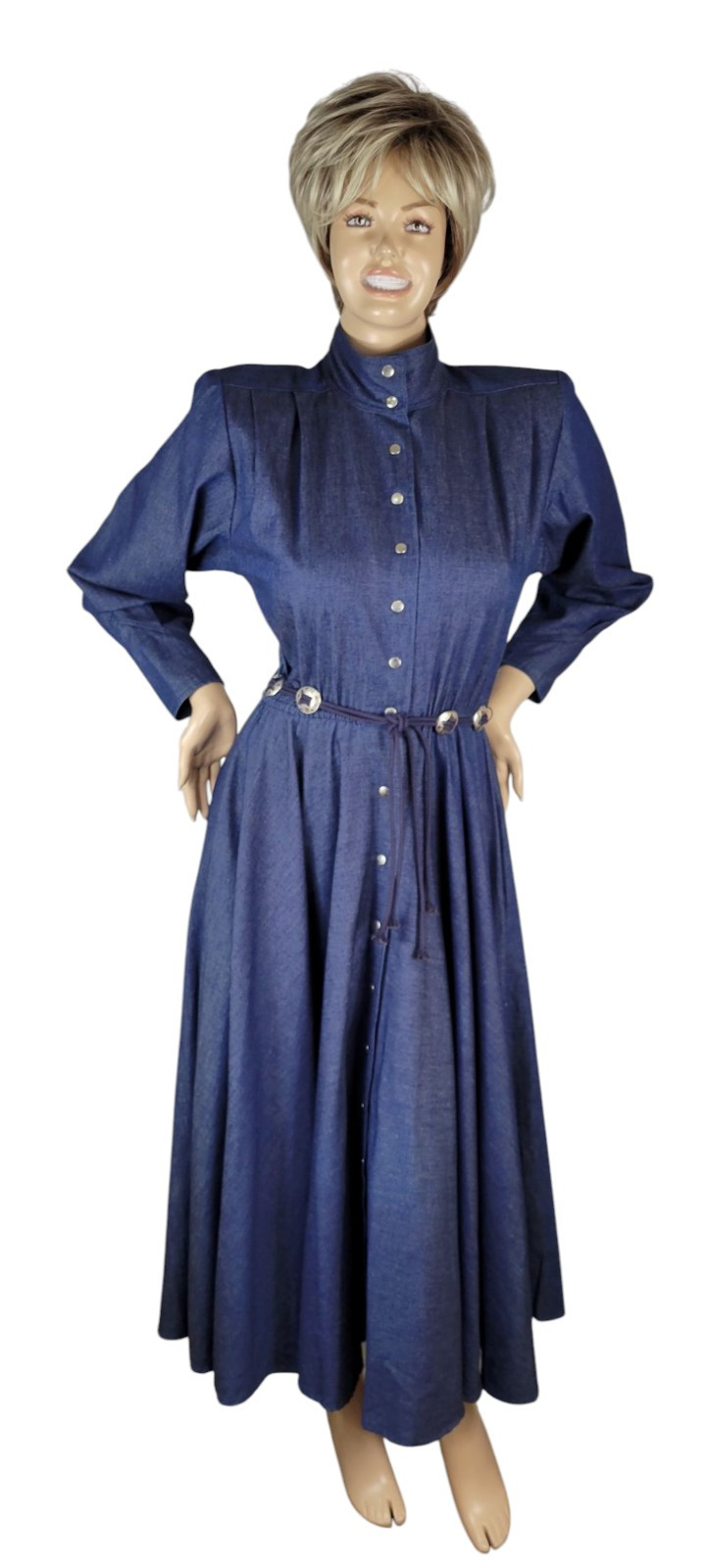 Vintage Choon California Denim Ranch Western Concho Belted Shirt Dress Duster 10
