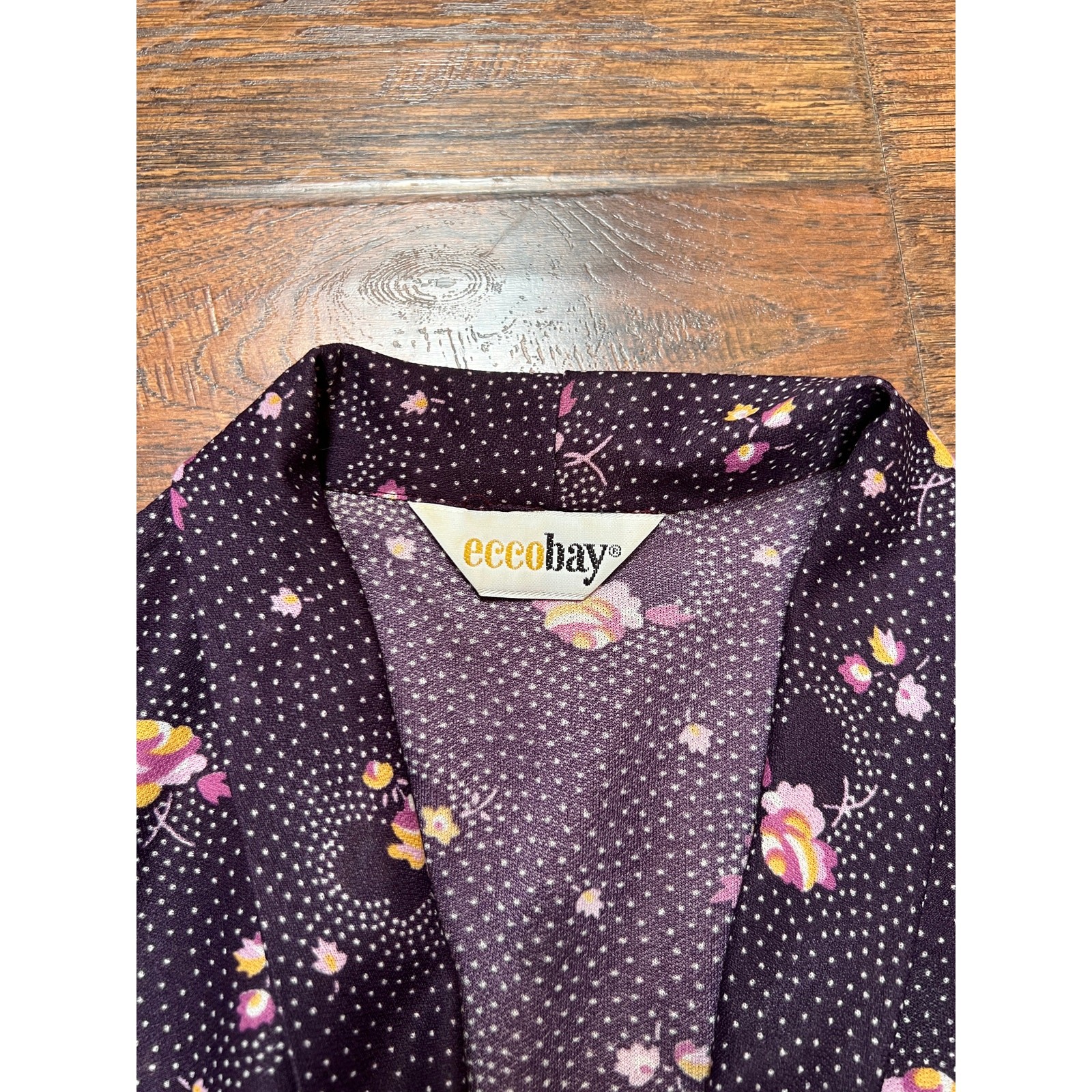 Vintage 1970s Polyester Tie-Neck Blouse Flower Clusters on Purple Ecco Bay MED