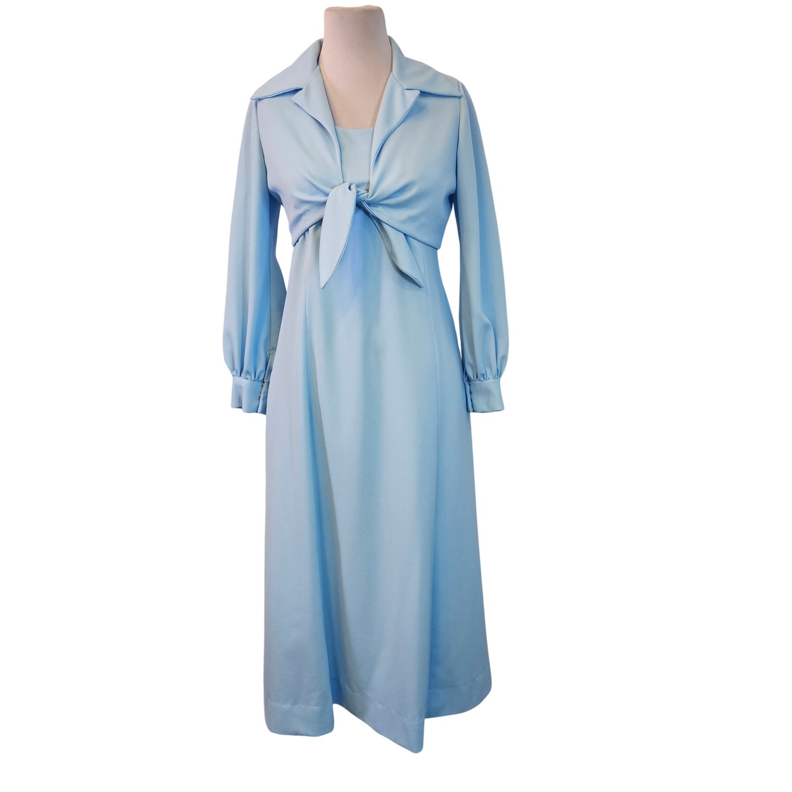 Vintage 1970s Emily Bundrick Blue Maxi Dress & Tie Jacket Set Mod Formal Size M