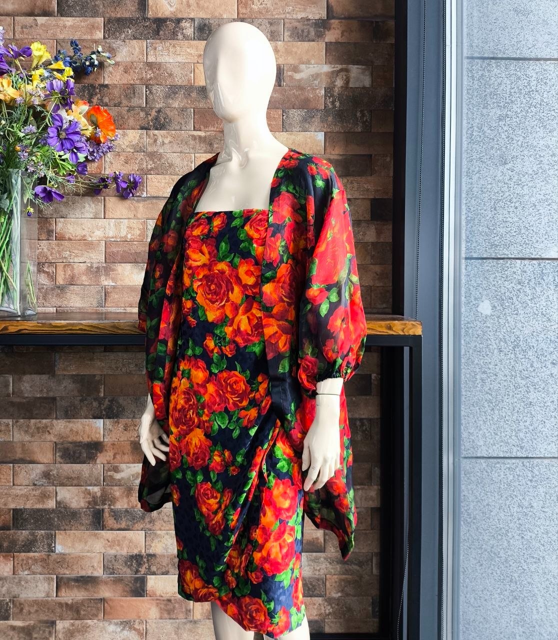 MARIO BORSATO COUTURE Vintage 80s Silk Satin Dress Organza Coat Set Floral IT46