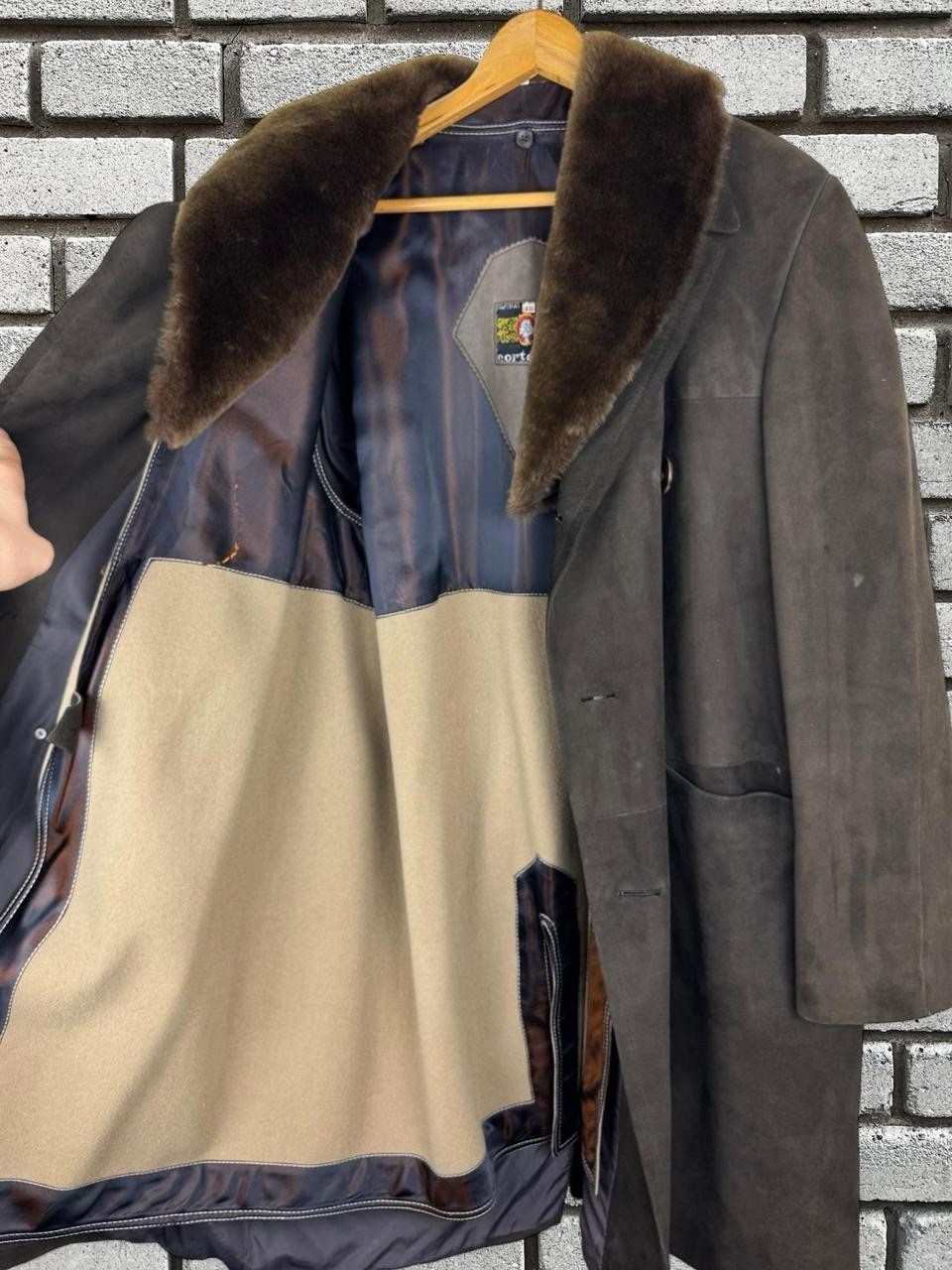 Vintage 70’s 80’s Cortefiel Suede Leather Faux Fur Shearling Brown Trench Coat