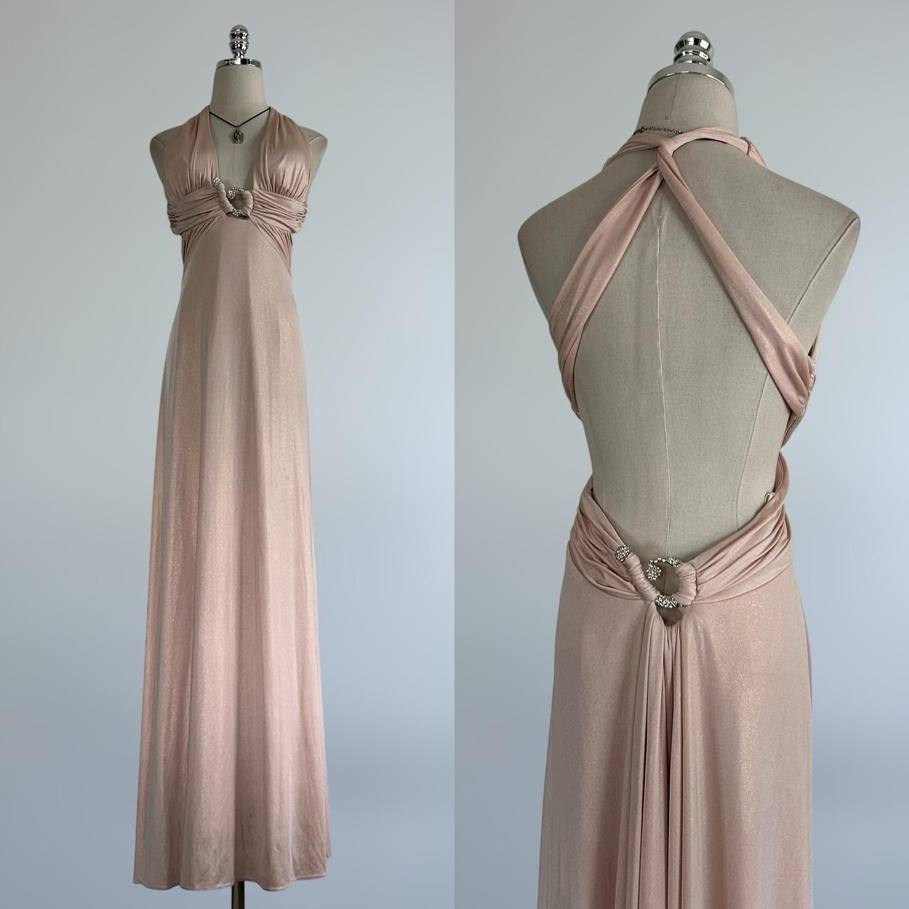 Vintage 90s Y2k Baby Pink Shimmer Backless Ruched Embroidered Gorgeous PROM Maxi