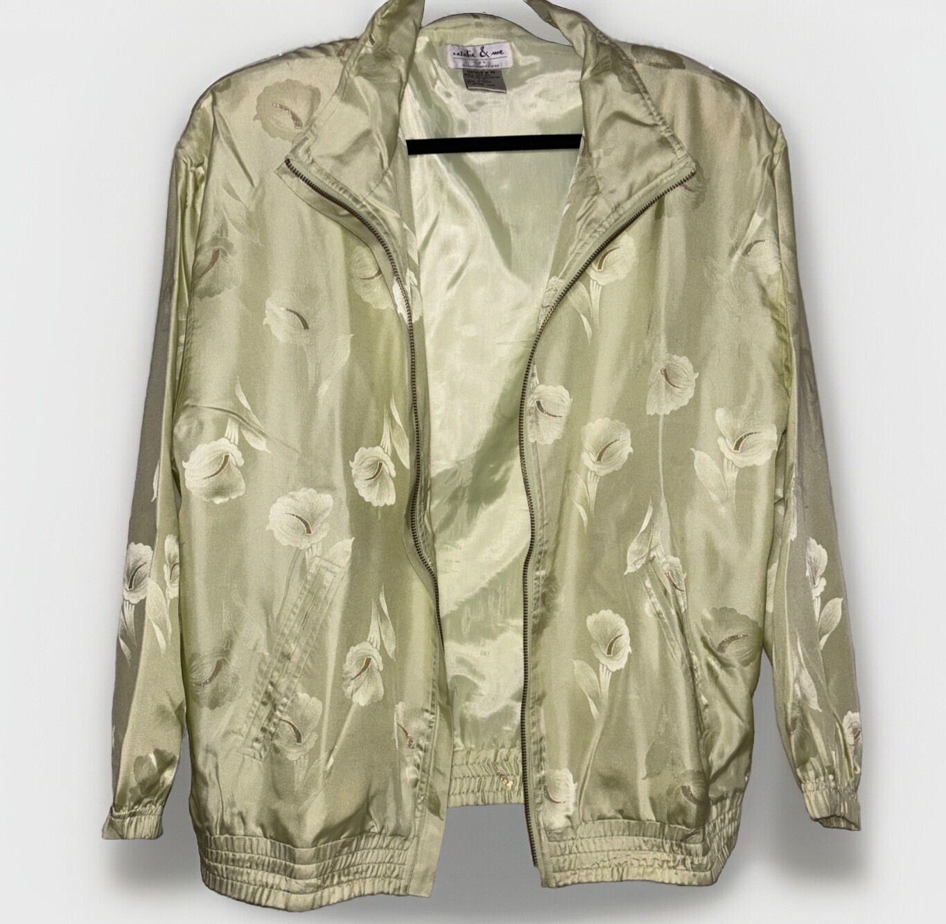 Vintage 80s Floral Silk Bomber Jacket And Pants Set Green Gold Metallic