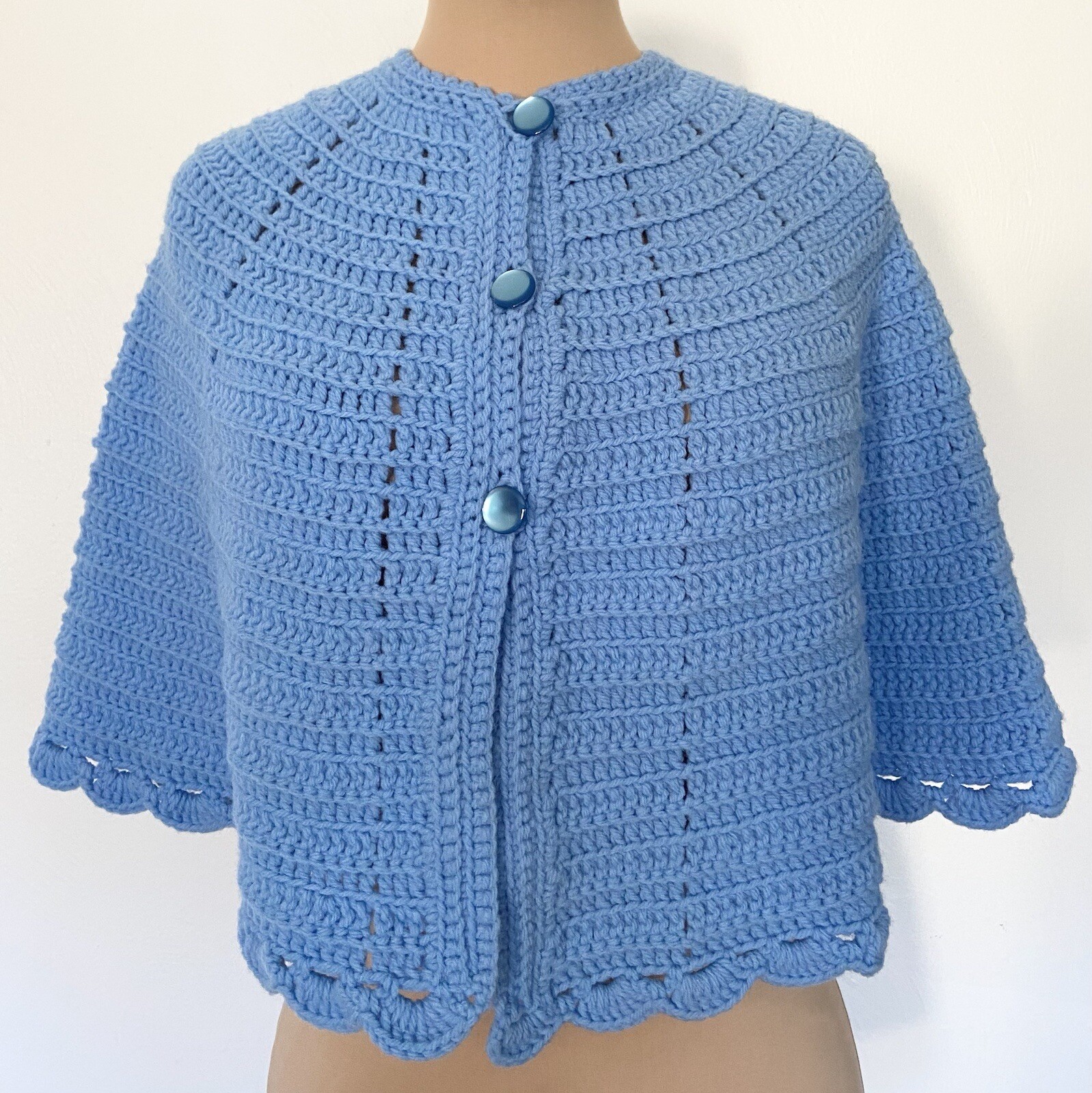 Vintage Blue Crocheted Cape Short Cable Knit Boho Hippie Wedding Bridal Capelet