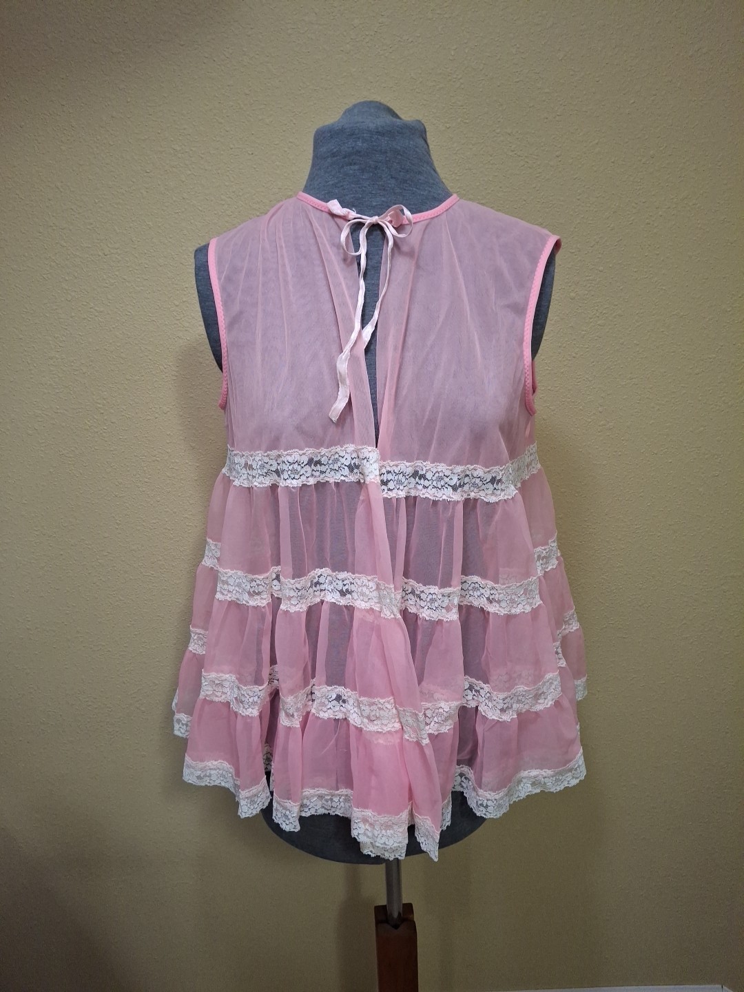 Vintage 70s-80s Sheer Pink Robe Mesh Lace Open Front Retro Lingerie 32-34 Sears