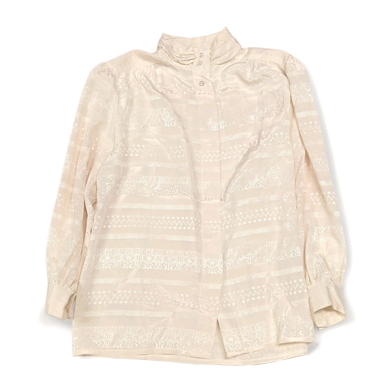 Vtg Hollywood Shirt High Neck Barbie Core Secretary Shiny Ivory Pearl Tan Jay 12