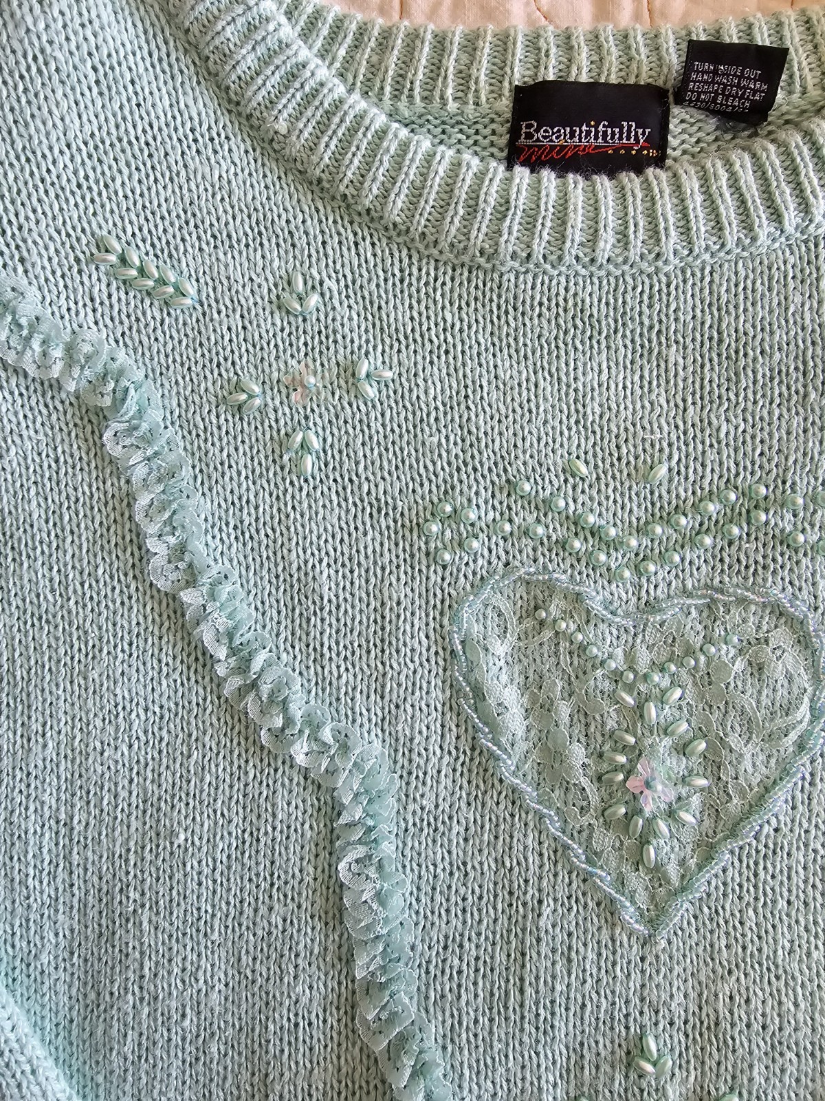 Vintage 80s Mint Green Beaded Heart Sweater Womens Med Cottagecore Grandmacore
