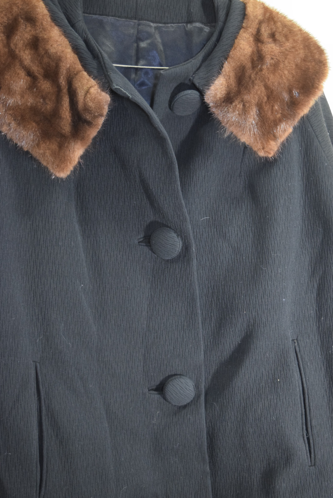 1960’s Forstmann Black Textured Wool Mink Collar Swing Coat 3/4 Sleeve WOMENS XL