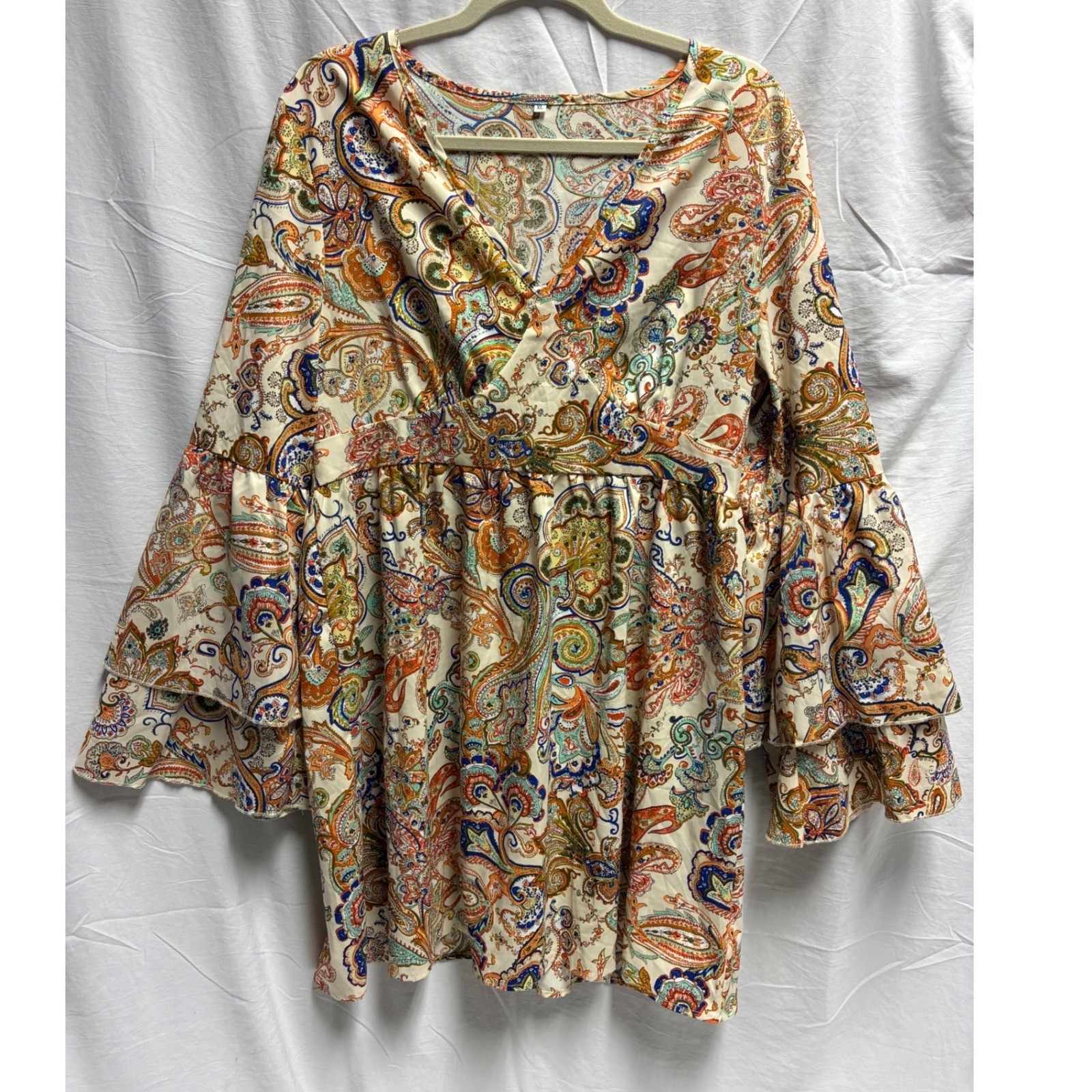 Boho Paisley BOHO V-Neck Dress with Tiered Bell Sleeves XL Multi-Color festival