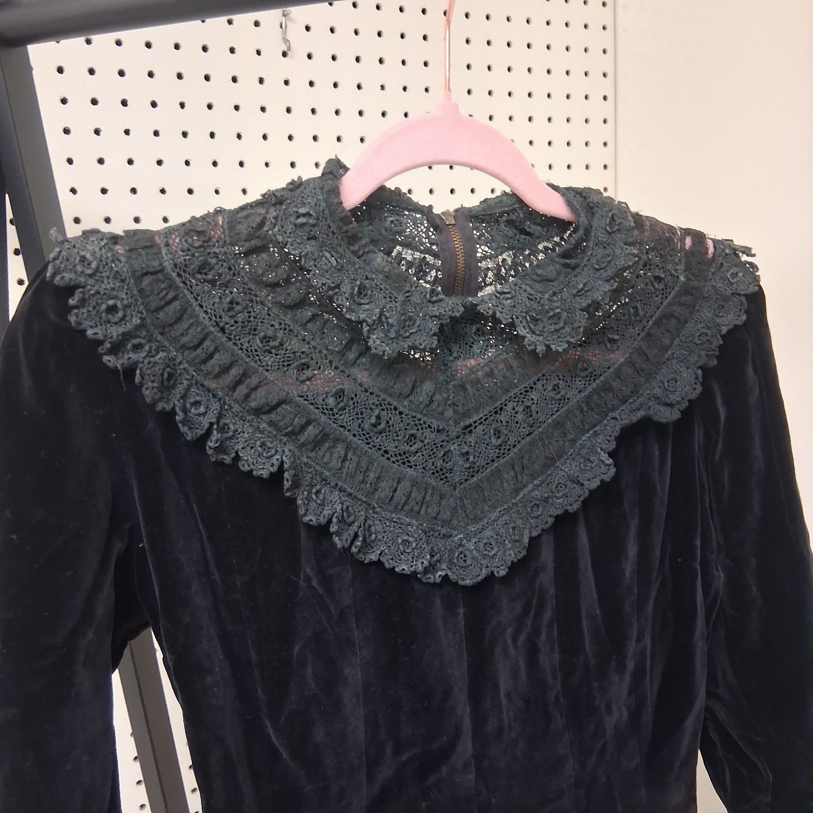 Antique 1930 Black Velvet Lace Dress Gothic Mourning Edwardian Revival Talon Zip