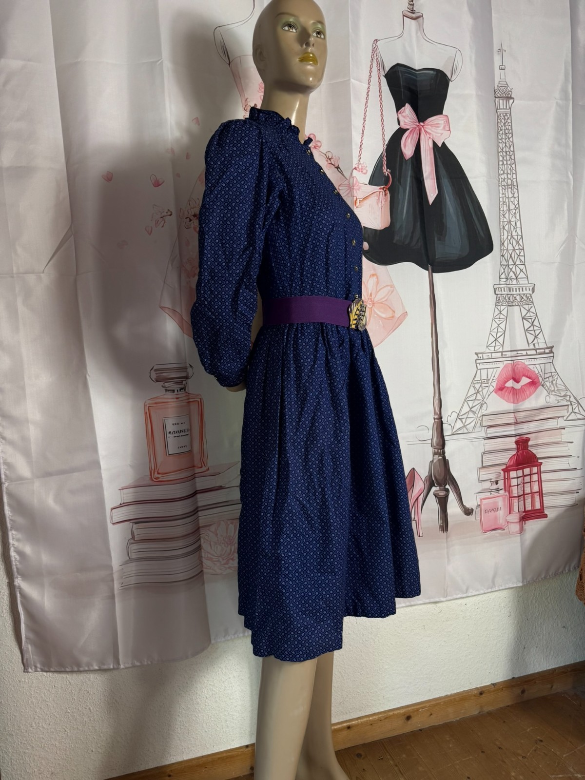Vintage Country House Dress Blue 70s Cotton Puff Sleeve Costume Dress Size 34 36 38