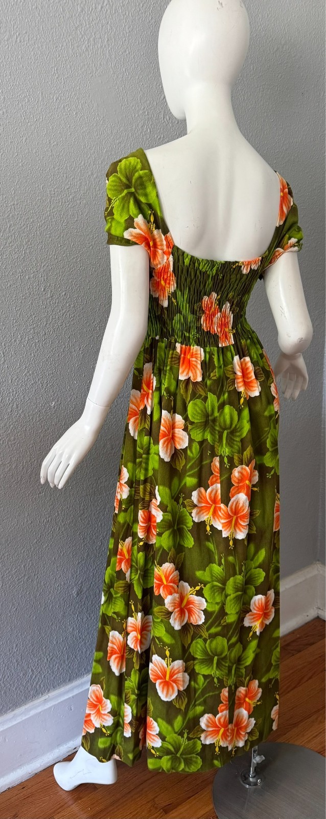 Vintage 60s Psychedelic Green Tropical HAWAIIAN Barkcloth Maxi Hippie Dress M