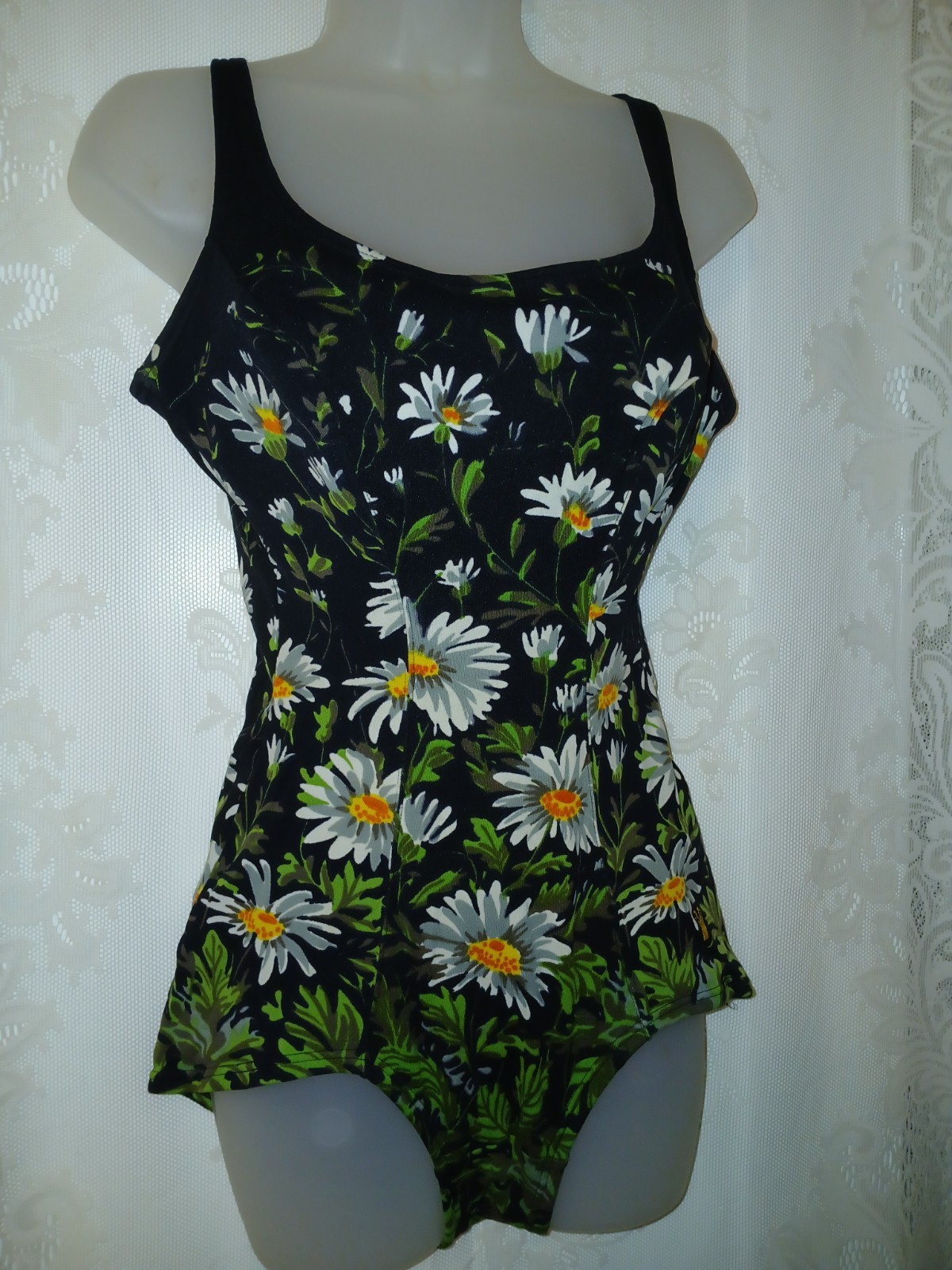 Vintage 60s Daisy Print Mod Bathing Suit Swimsuit Tiki Oasis Pinup Rockabilly M