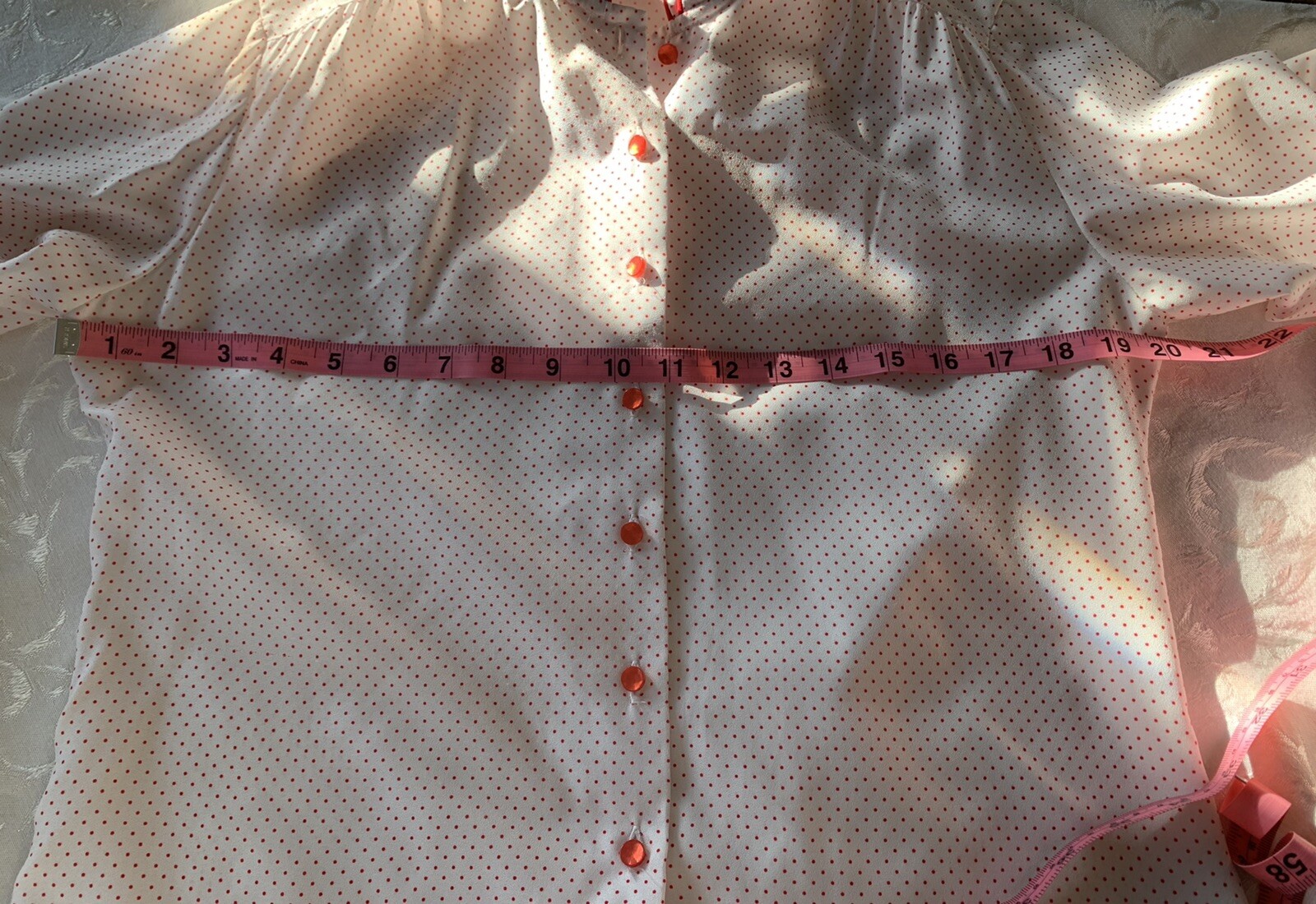 Vtg Gailord Womens Blouse Button Down L ? Creamy Off White Red Polka Dots