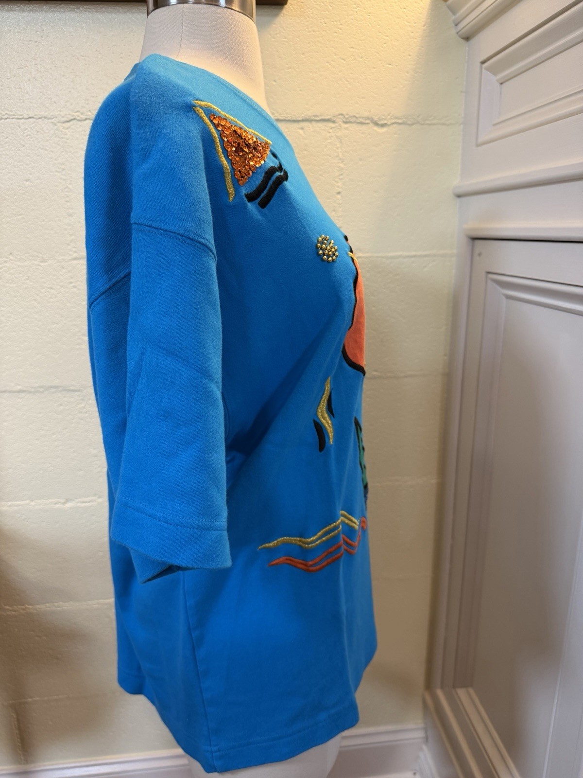 Regina Porter Vintage Top M Blue Abstract Sequin Beaded Art Shirt 80s 90s