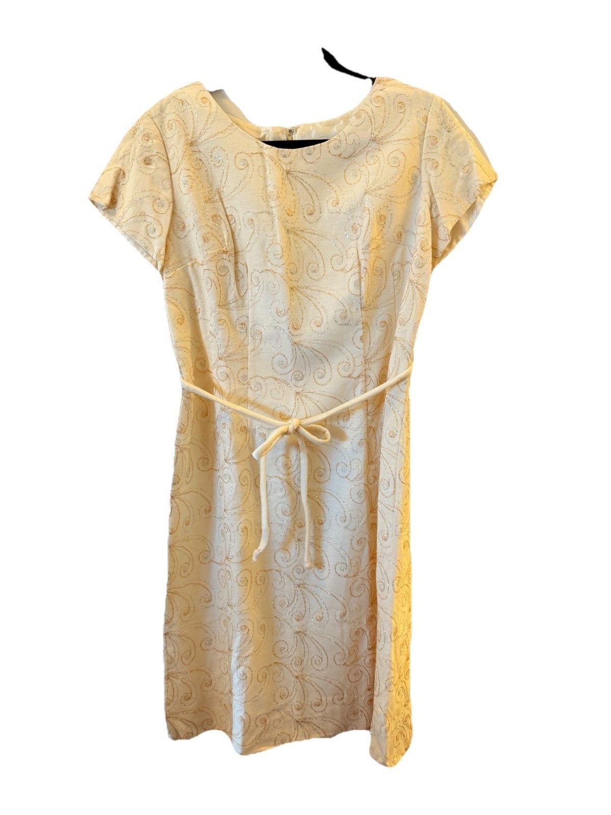 60s Vintage Mary Roberts Boxy Winter White Dress with gold Metallic Thread