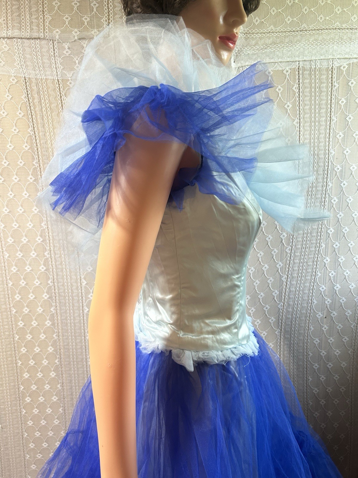 Vintage Tulle Ball Gown 34″w Theatrical Drama Ruffle Dress, Blue 80s 50s Prom