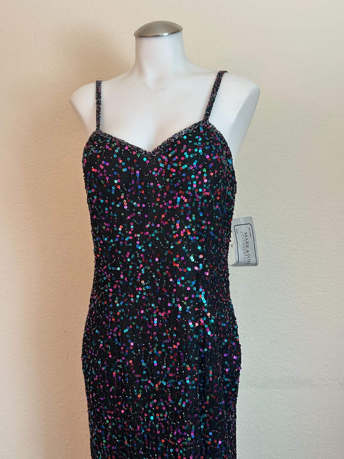 Mark & John 80’s/90’s Multi-Color Sequin 100% Black Silk Vintage Dess