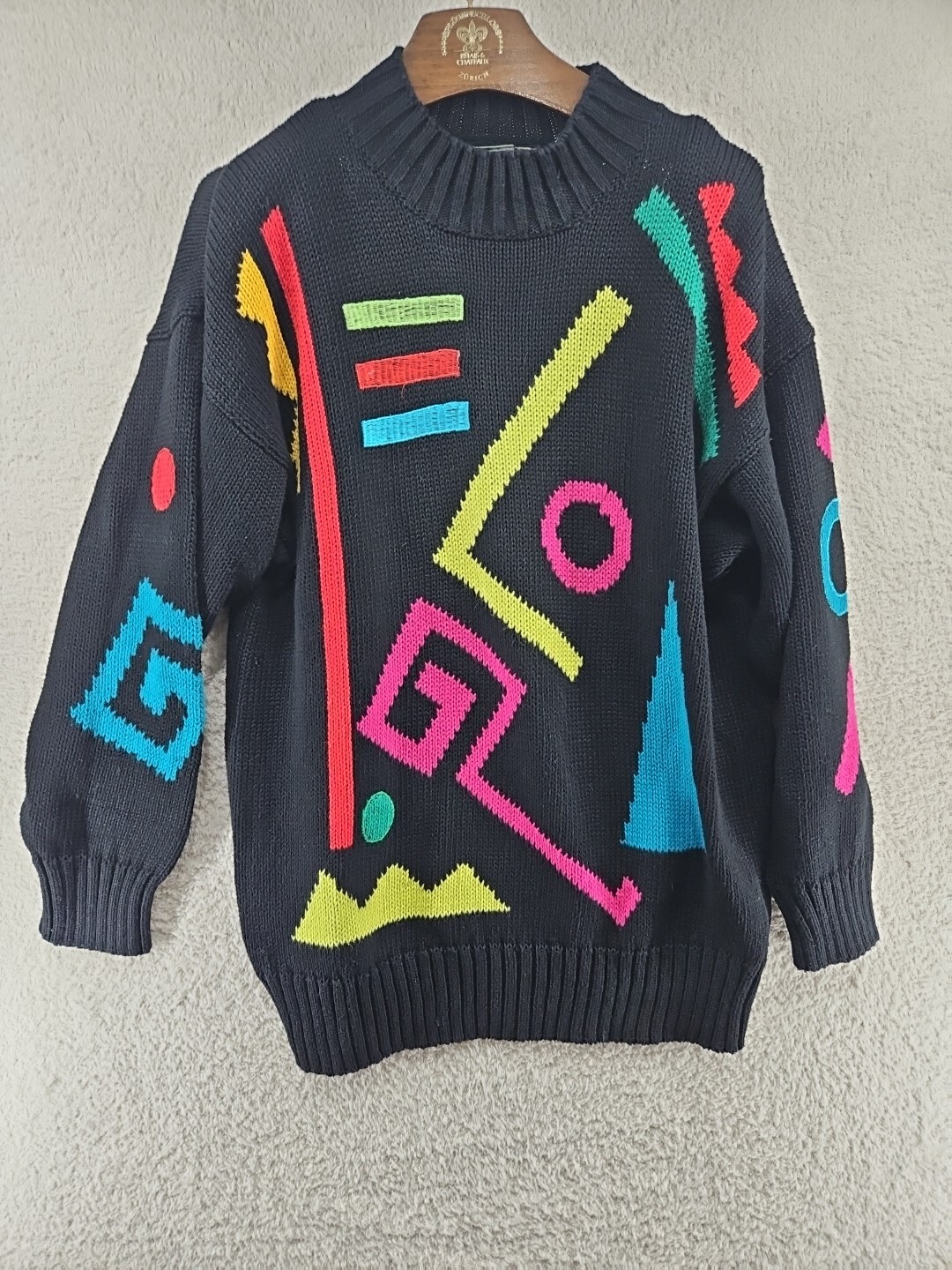 Vintage Totally Rad 80’s Woman’s Sweater Geometric Print Long Neon Multi Color