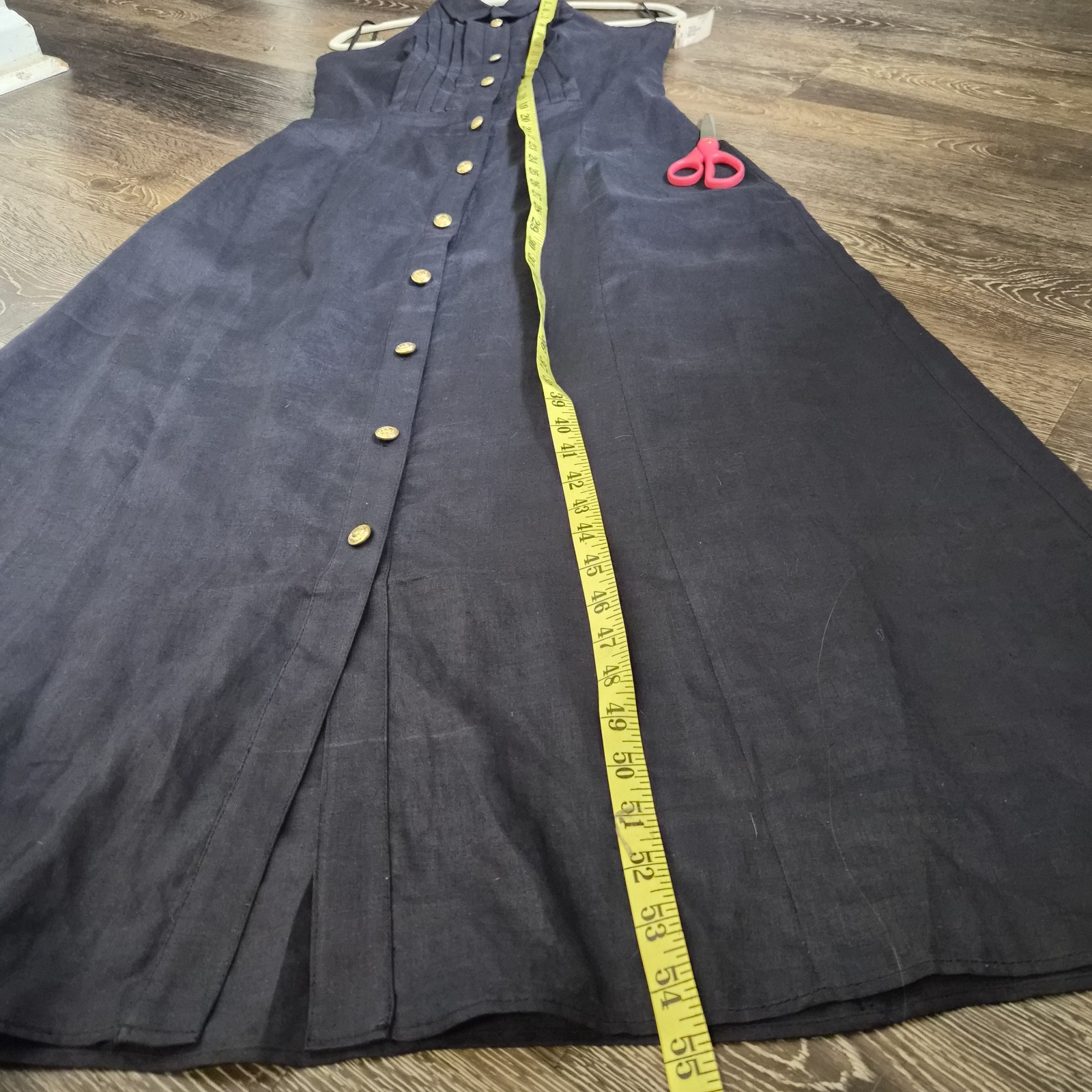 VTG Hulter Tuxedo Linen Dress 8 Navy Pintuck Gold Button 90’s Old money Minimal