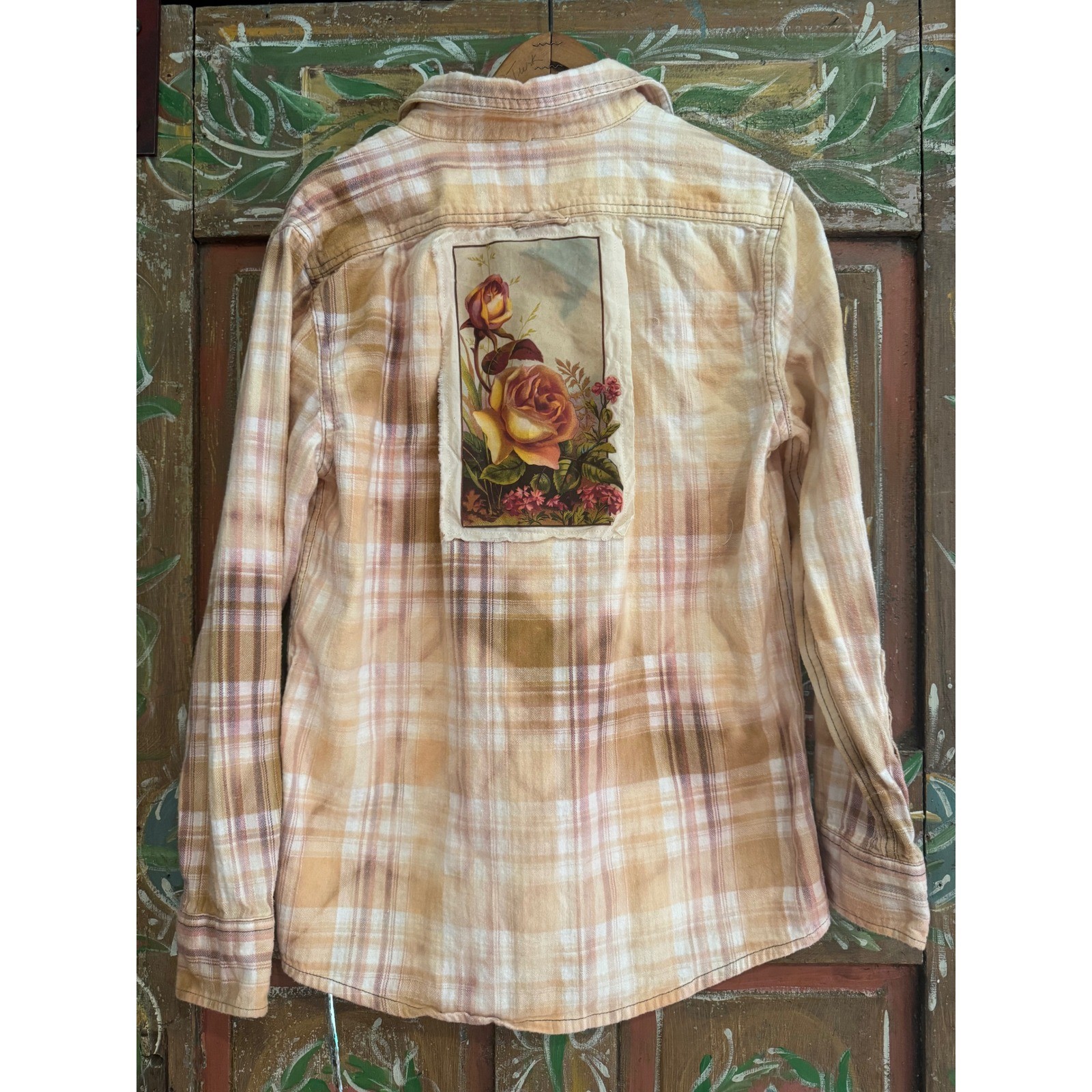 Upcycled Yellow Rose Flannel Shirt Small Cotton Boho Folk Art