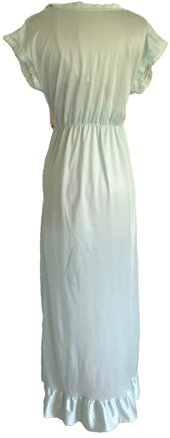 Vintage Powder Blue Nylon Lingerie Gown, Long V Neck Rikki New York M, Ruffle V
