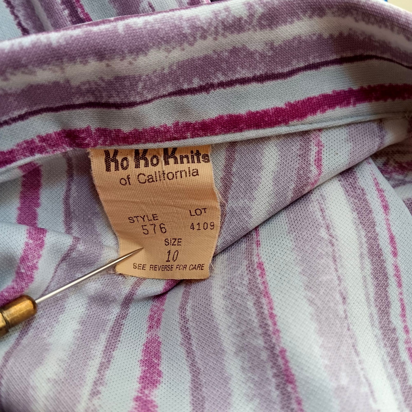 True Vintage Top 10 Medium 1970s Purple Polyester Striped Collared Ko Ko Knits