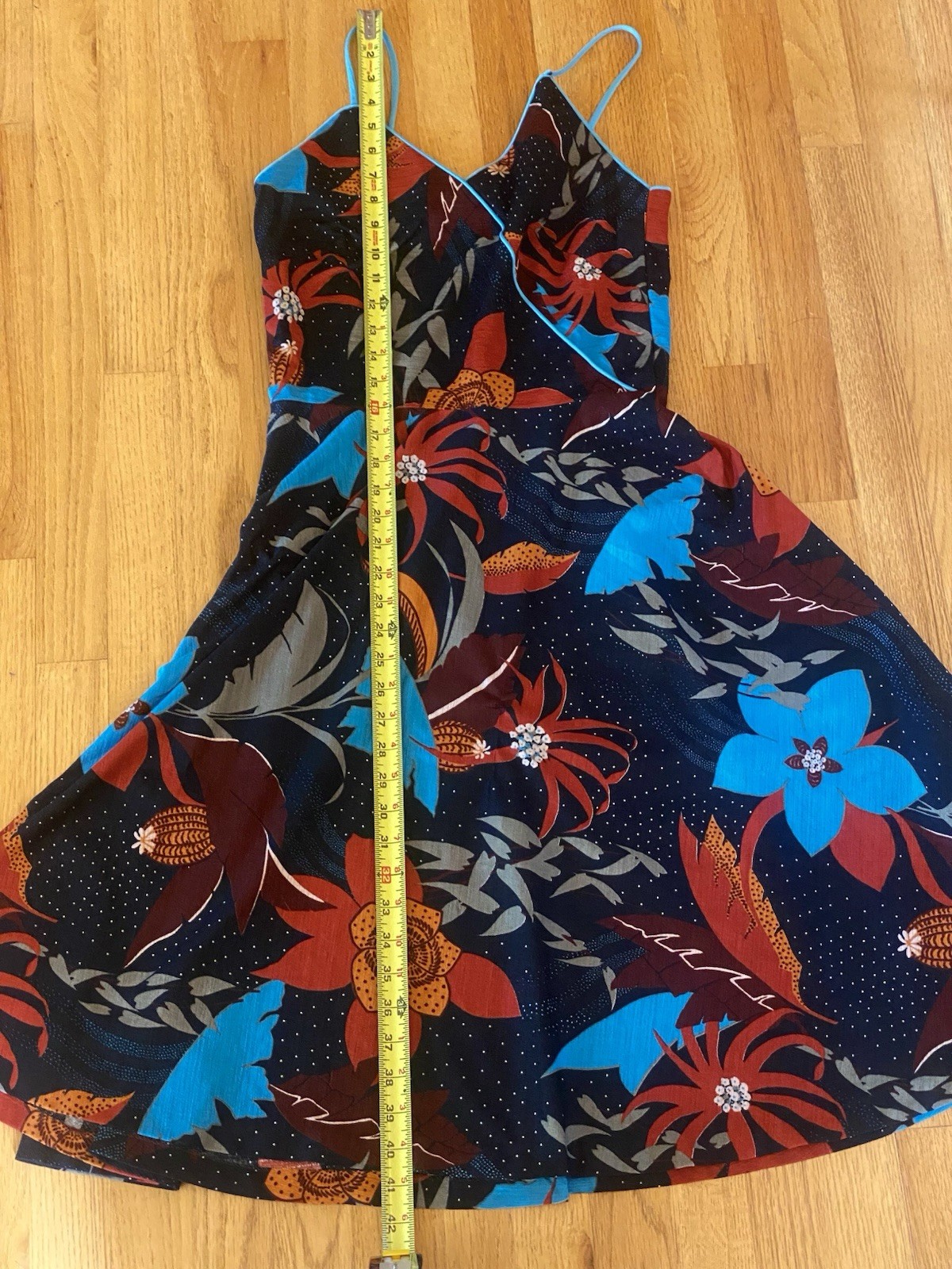 Vintage Joan Curtis Multicolor Dress Floral Blue Trim Sleeveless Sz 14