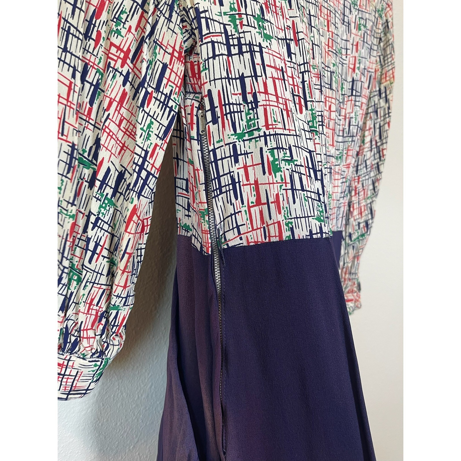 Vintage Handmade Abstract Mixed Media Midi Shirt Dress Pleated Pockets L/XL