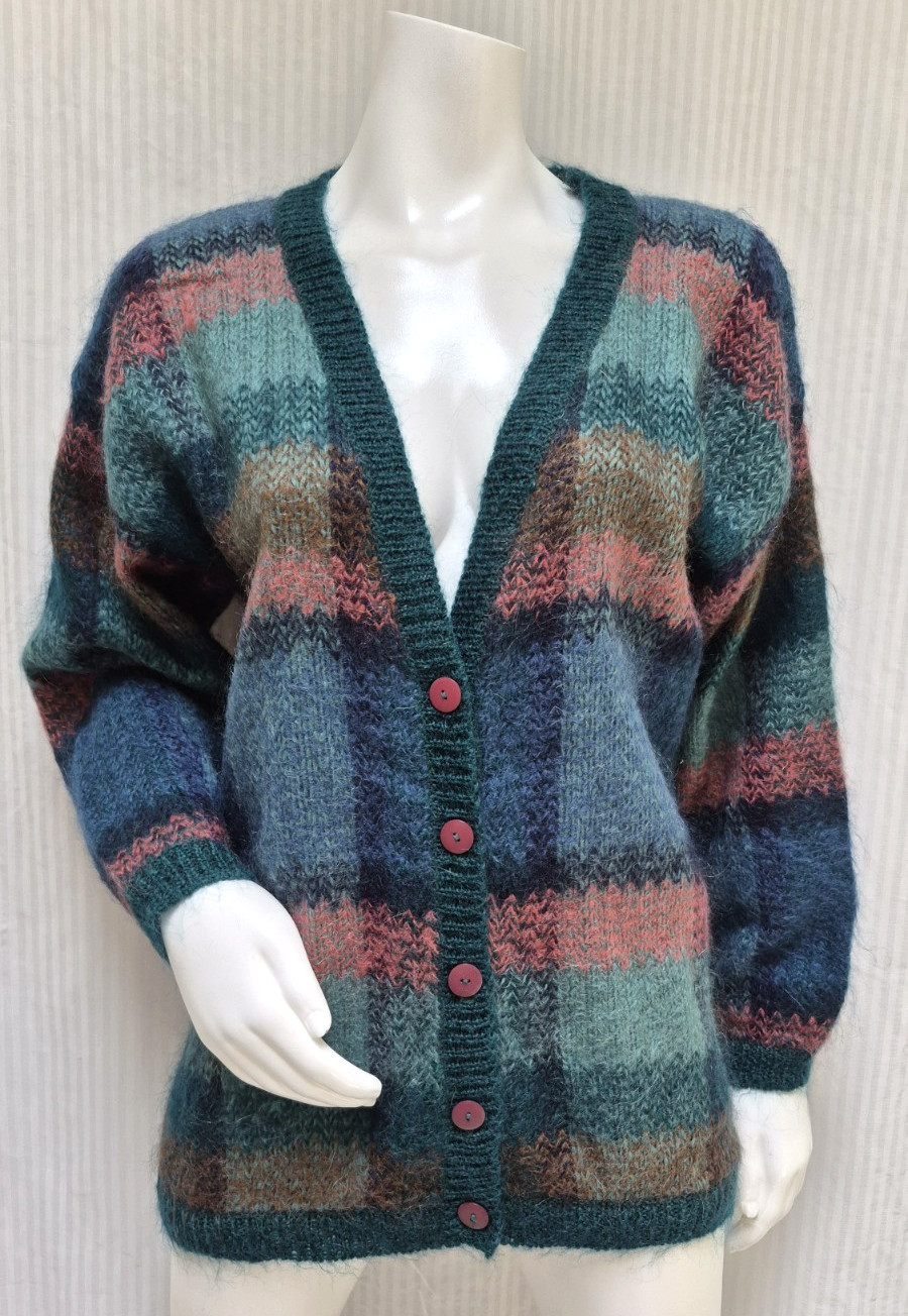 NWOT Vintage 1980s PAUL HARRIS Teal Mohair Blend Plaid Cardigan Sweater – Size M