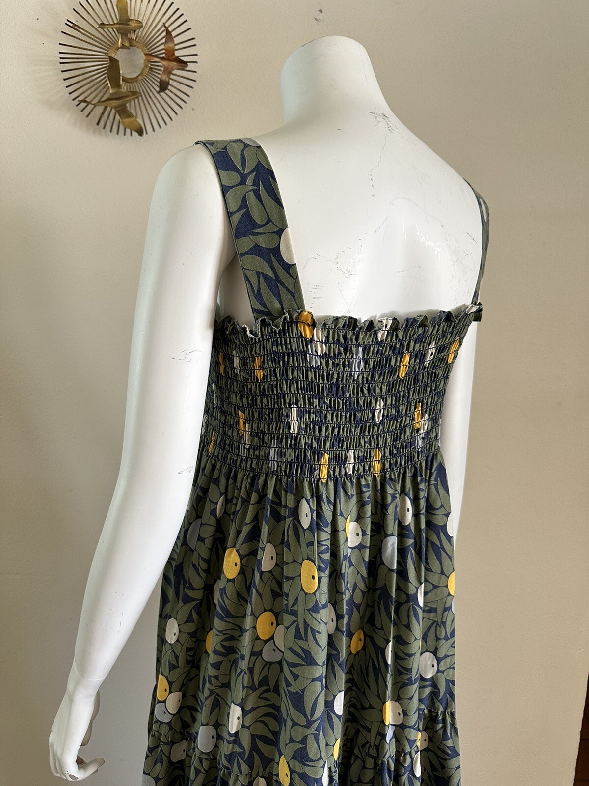 1970s Olive Print Smocked Maxi Dress Cotton Blend Hostess Resort Sundress OS VTG