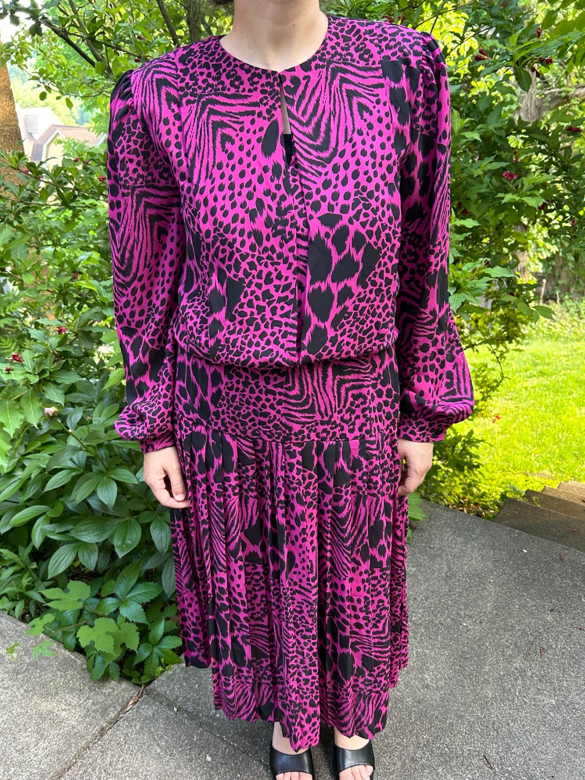 80s John Roberts Animal Print Dress Pink Black Vintage Long Sleeve Size M